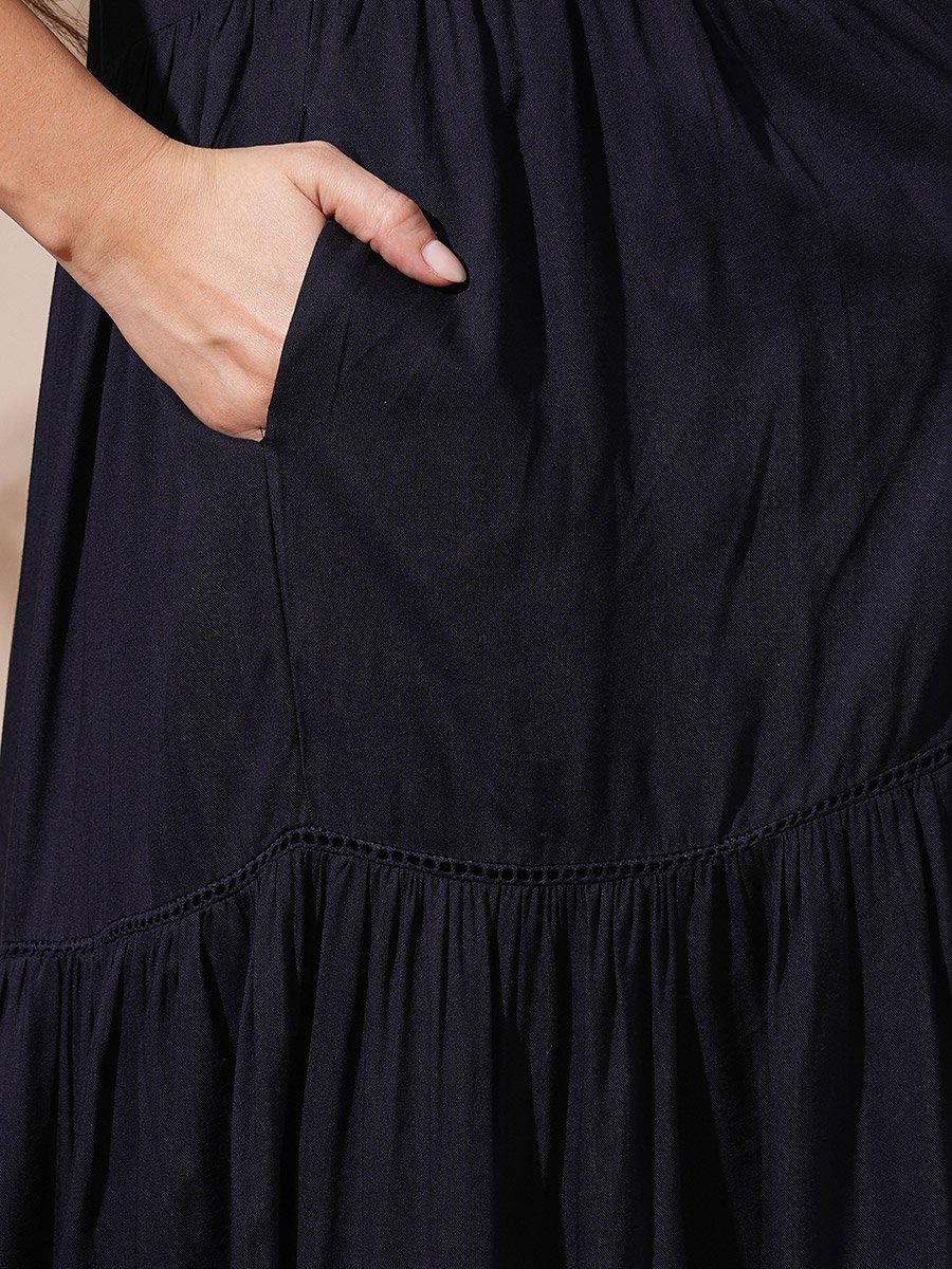 Dark Blue Embroidered V Neck Tiered Midi Dress