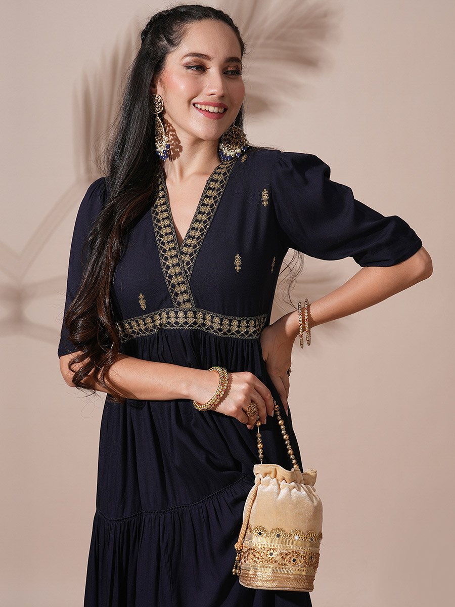 Dark Blue Embroidered V Neck Tiered Midi Dress