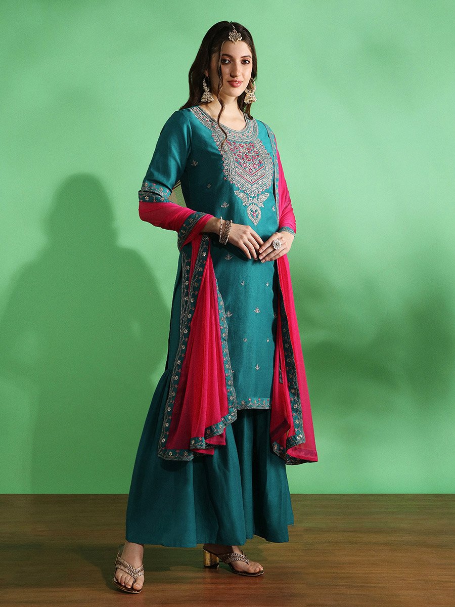 Teal Embroidered Kurta Sharara Set with Pink Dupatta