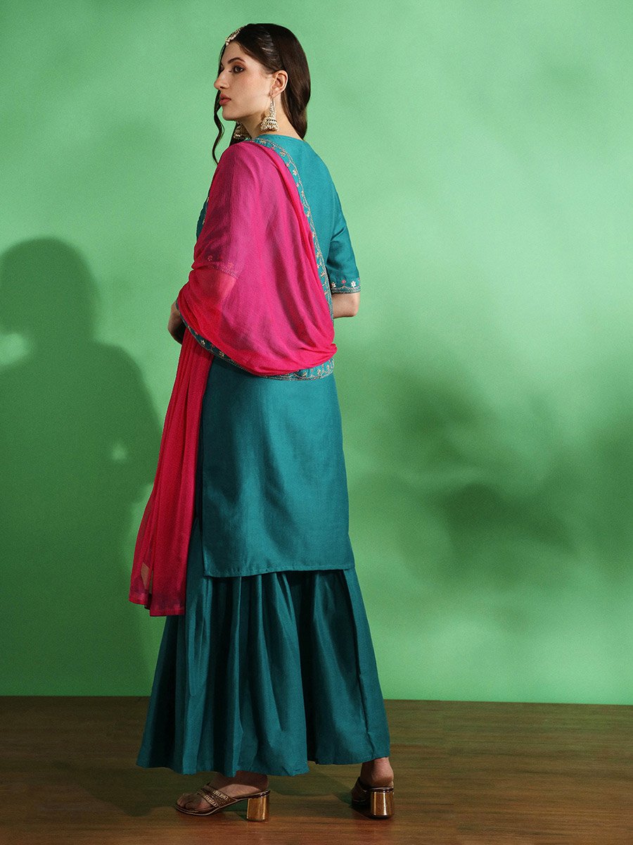 Teal Embroidered Kurta Sharara Set with Pink Dupatta