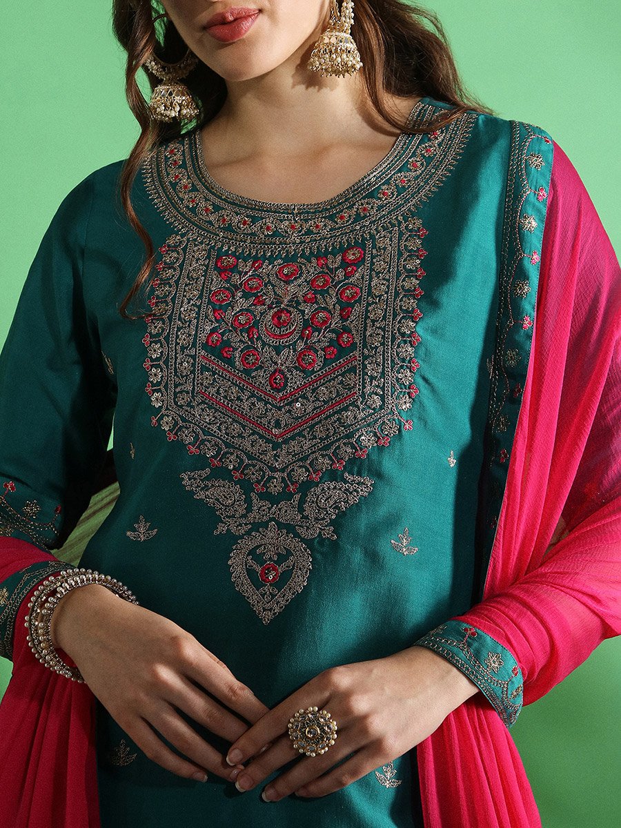 Teal Embroidered Kurta Sharara Set with Pink Dupatta