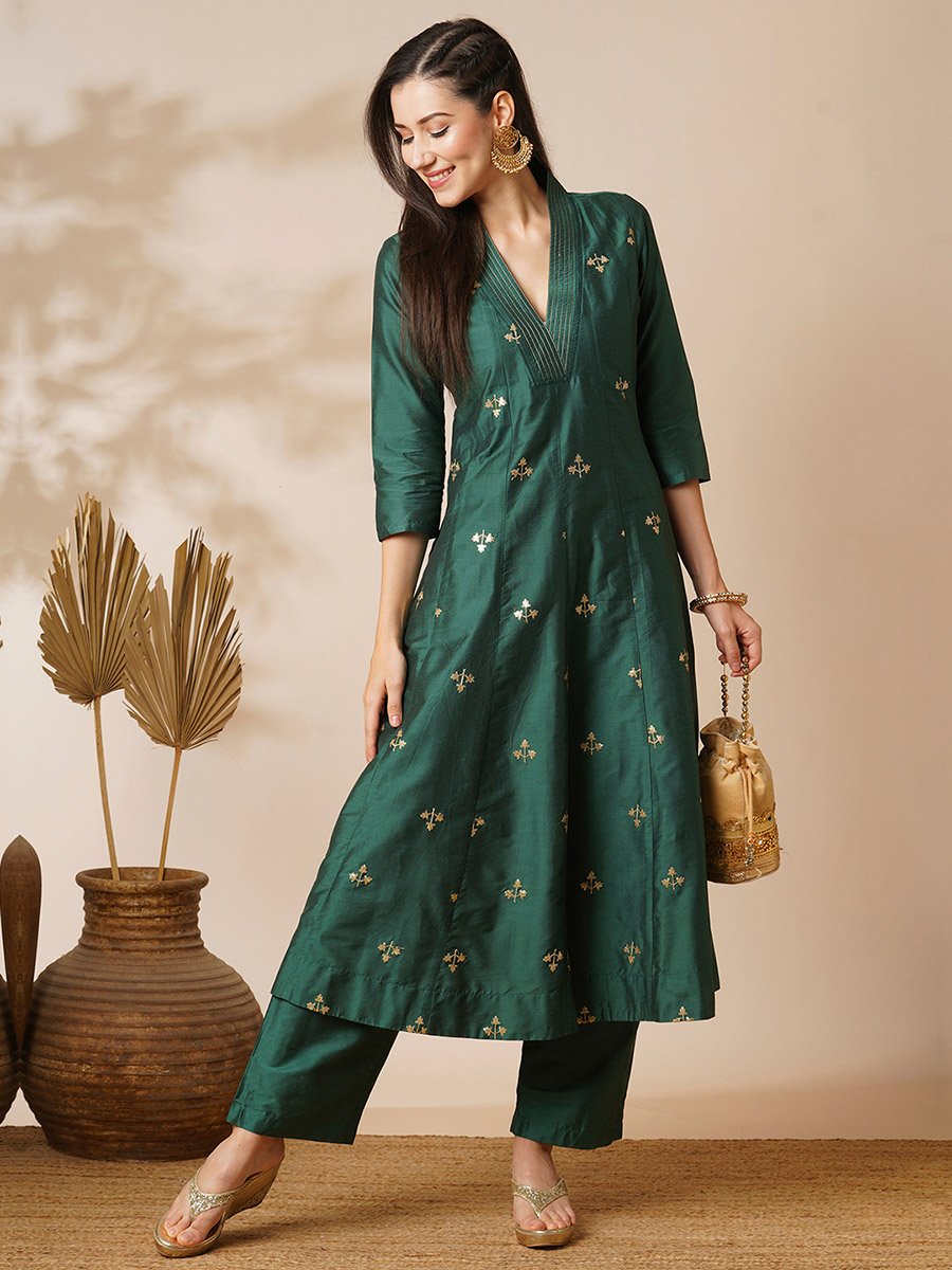 Green Embroidered Art Silk Kurta and Straight Pants Set