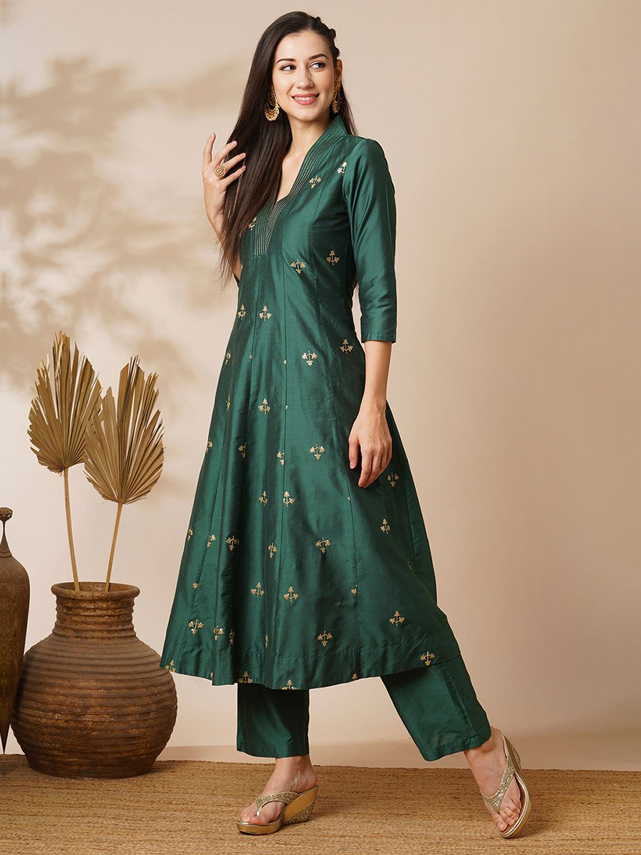 Green Embroidered Art Silk Kurta and Straight Pants Set