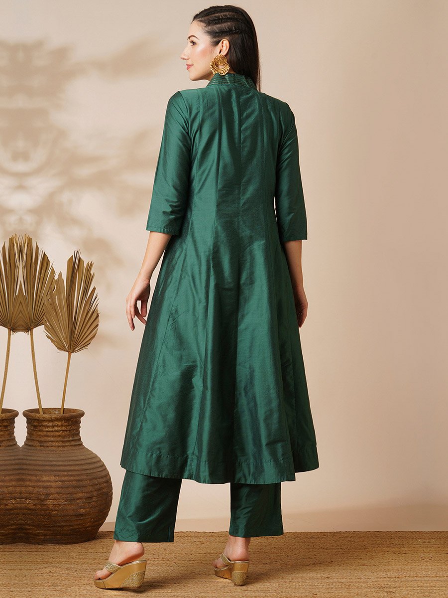 Green Embroidered Art Silk Kurta and Straight Pants Set