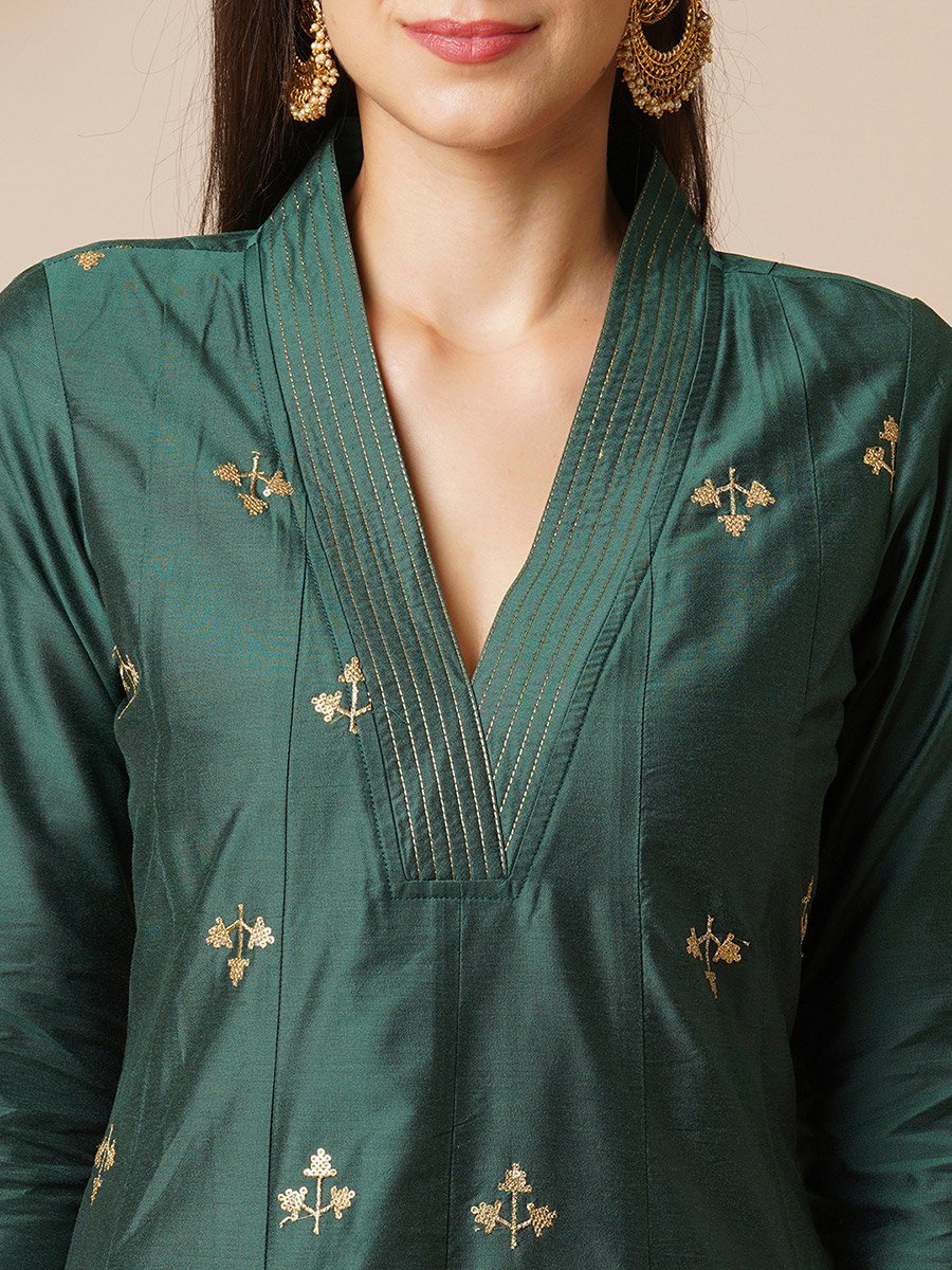 Green Embroidered Art Silk Kurta and Straight Pants Set
