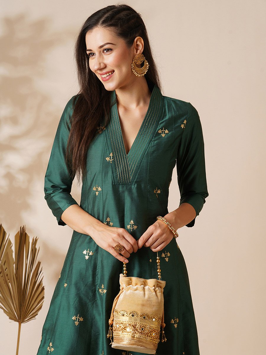 Green Embroidered Art Silk Kurta and Straight Pants Set