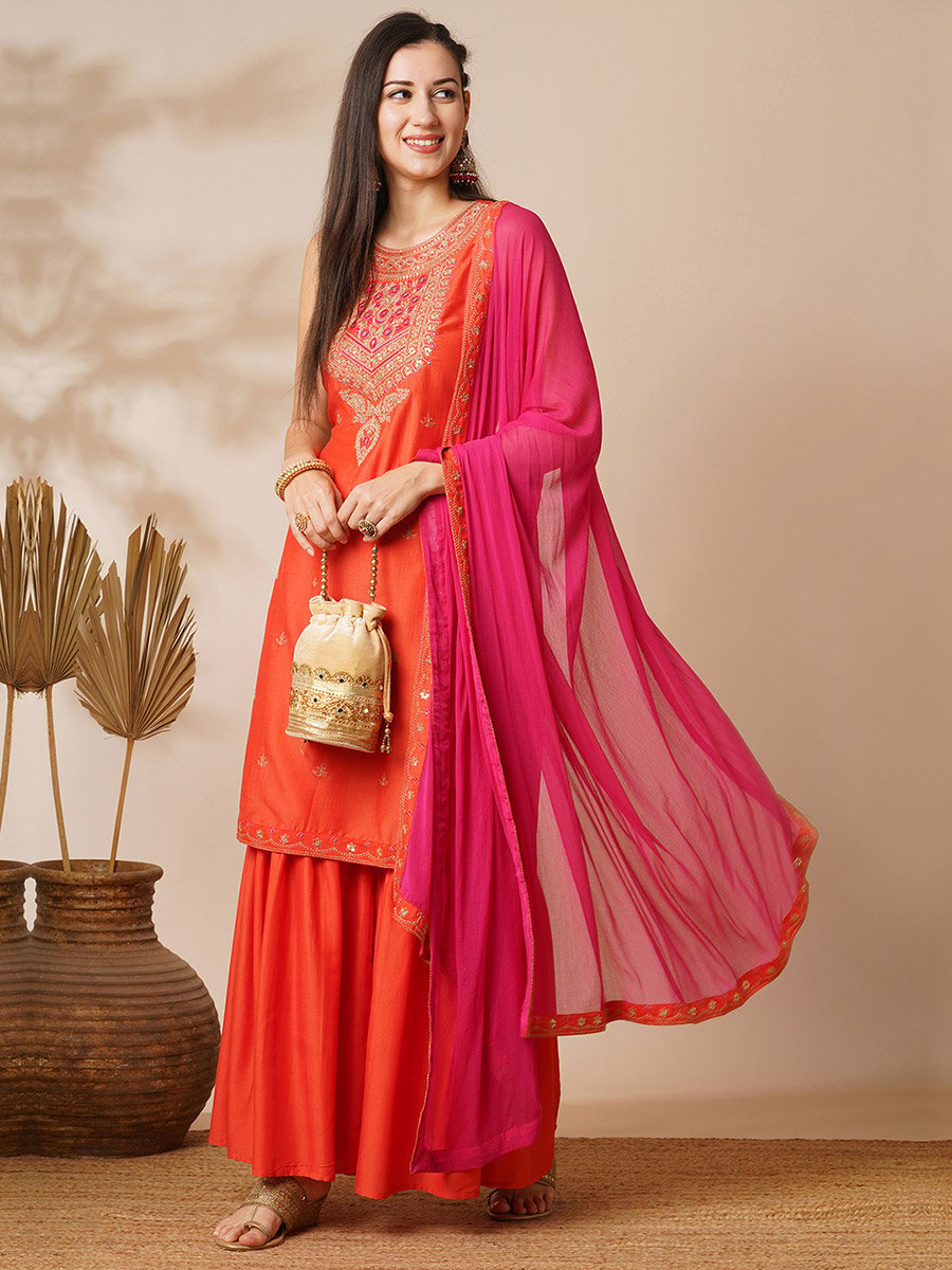 Orange Embellished Sleeveless Kurta Sharara Set with Contrast Dupatta
