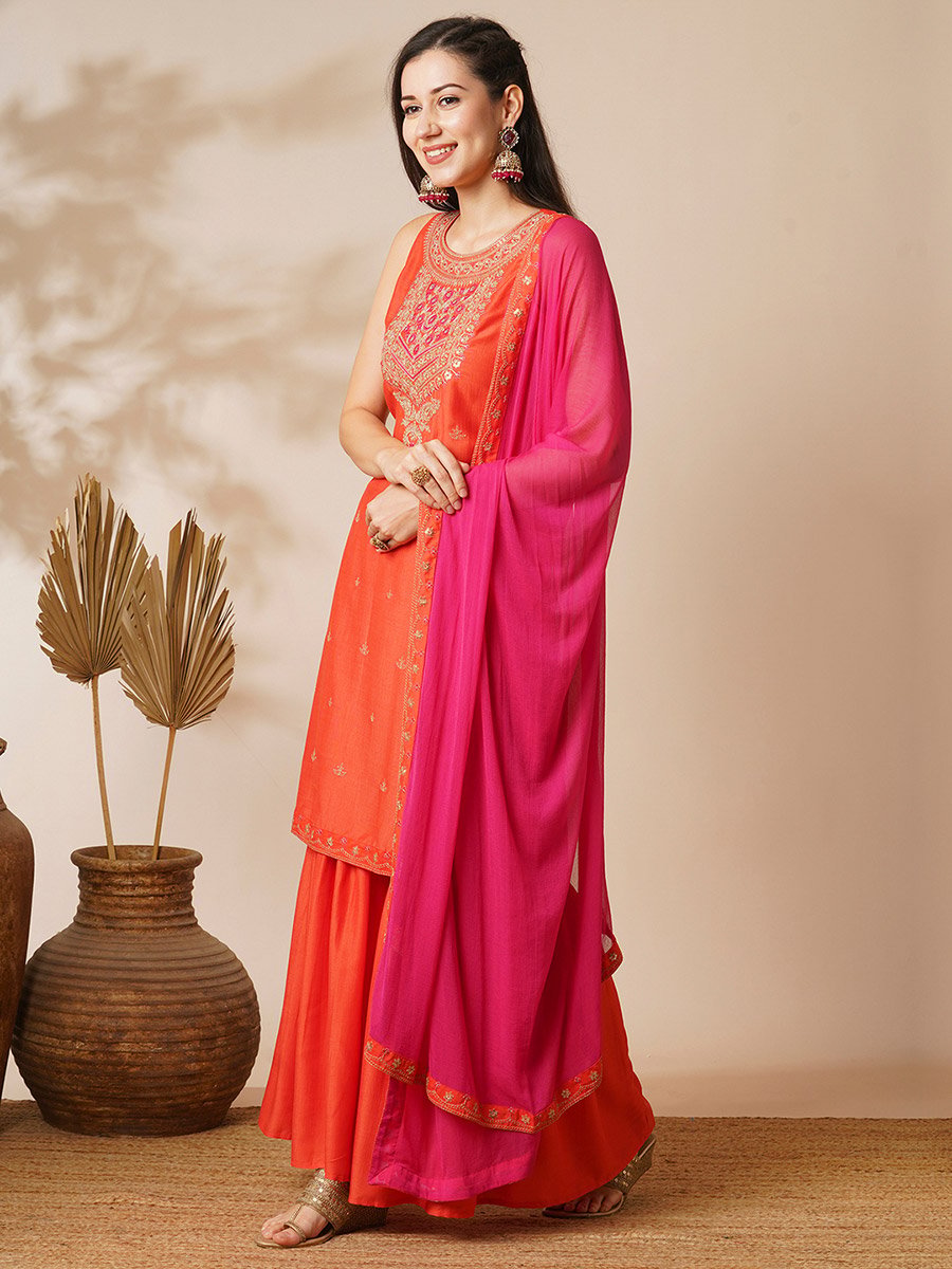 Orange Embellished Sleeveless Kurta Sharara Set with Contrast Dupatta