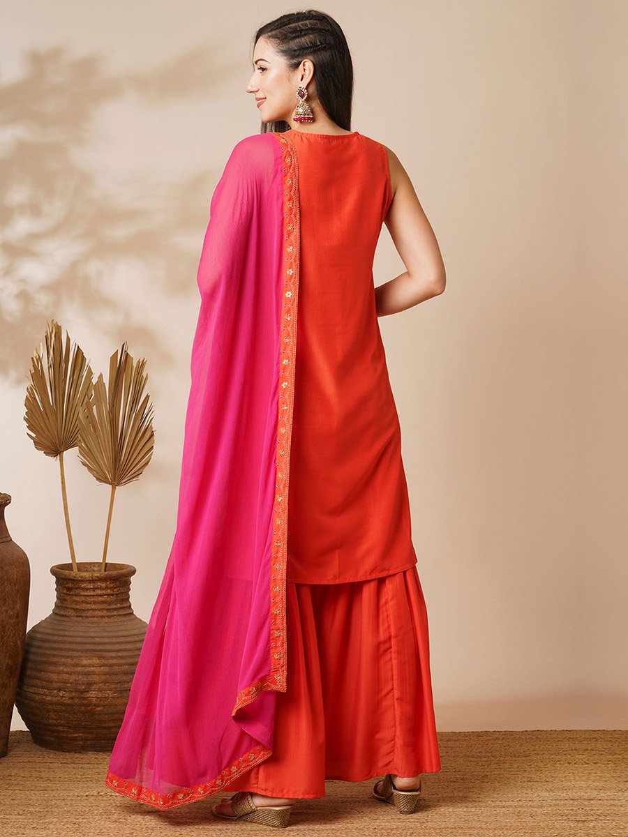 Orange Embellished Sleeveless Kurta Sharara Set with Contrast Dupatta