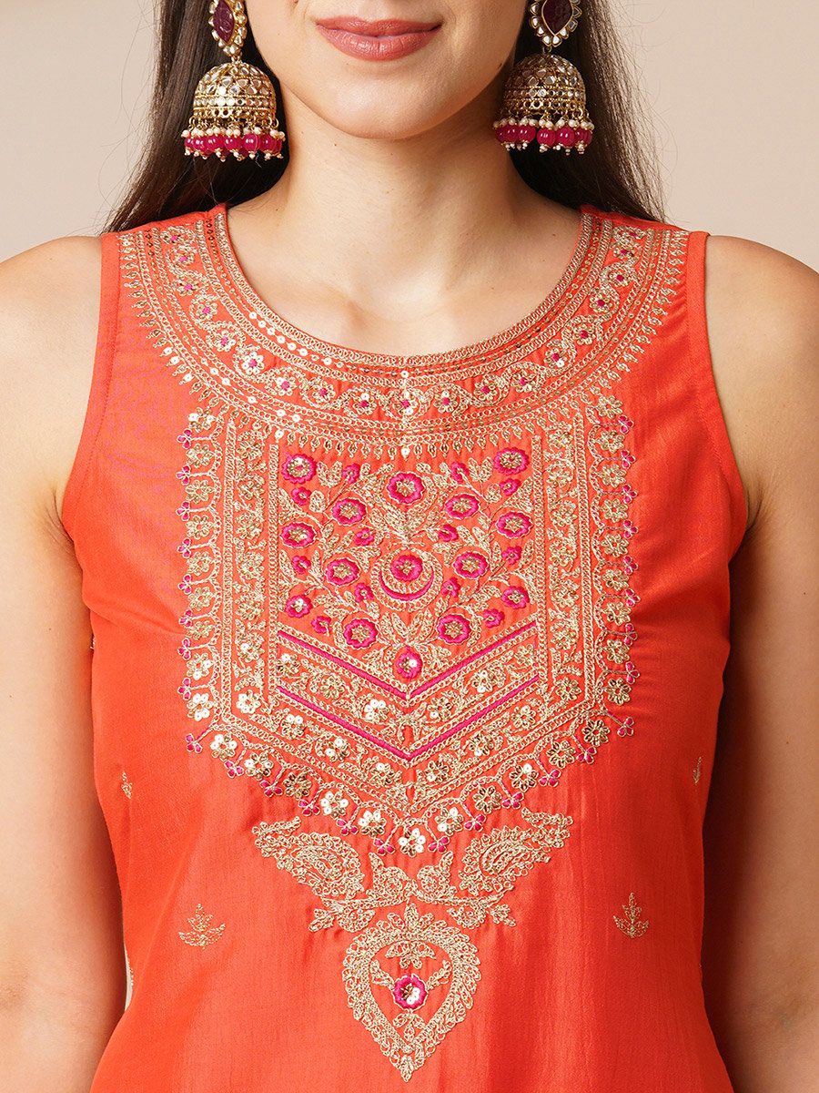 Orange Embellished Sleeveless Kurta Sharara Set with Contrast Dupatta