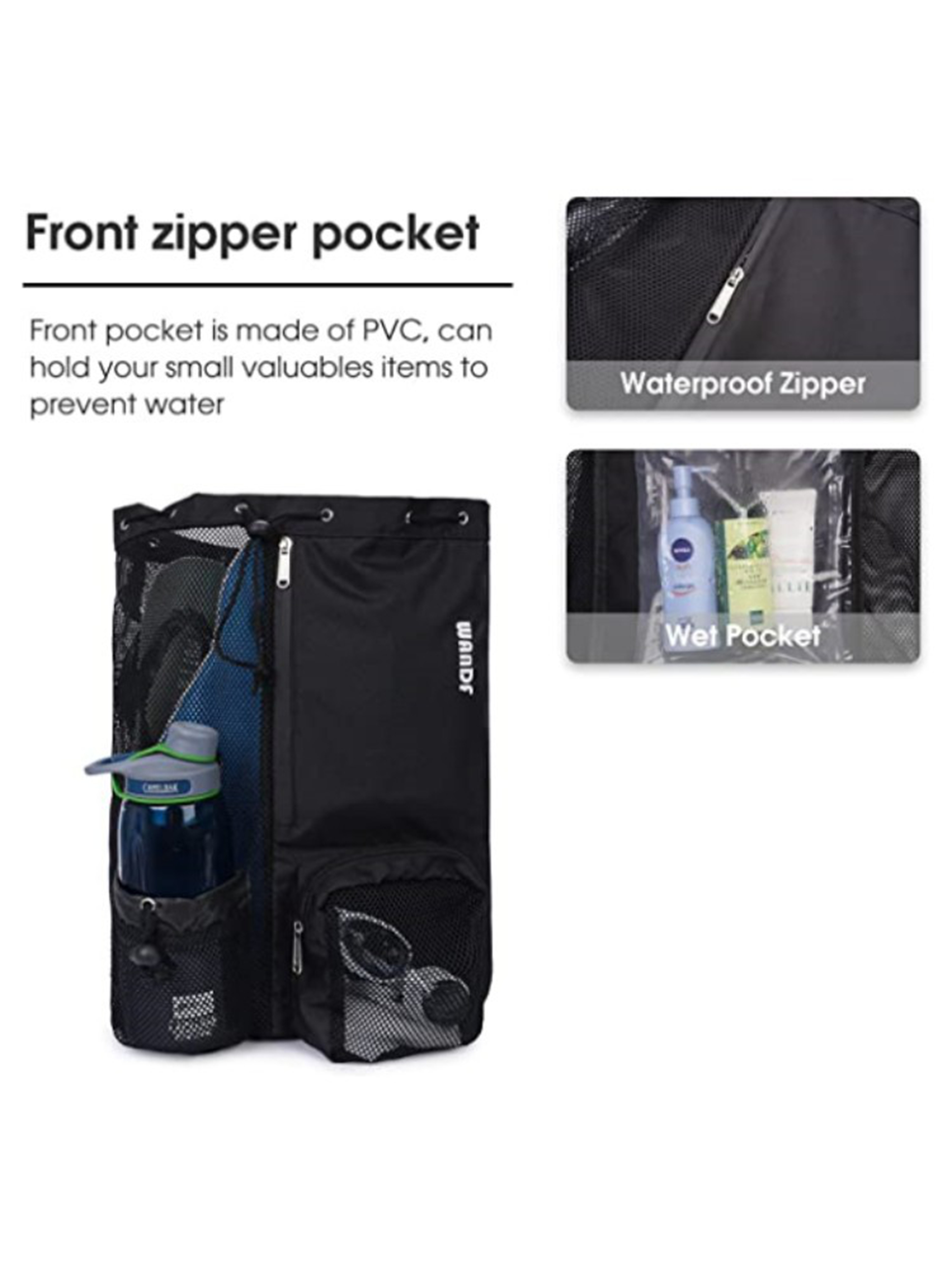 Black Mesh Drawstring Gym and Swim Backpack with Wet Pocket