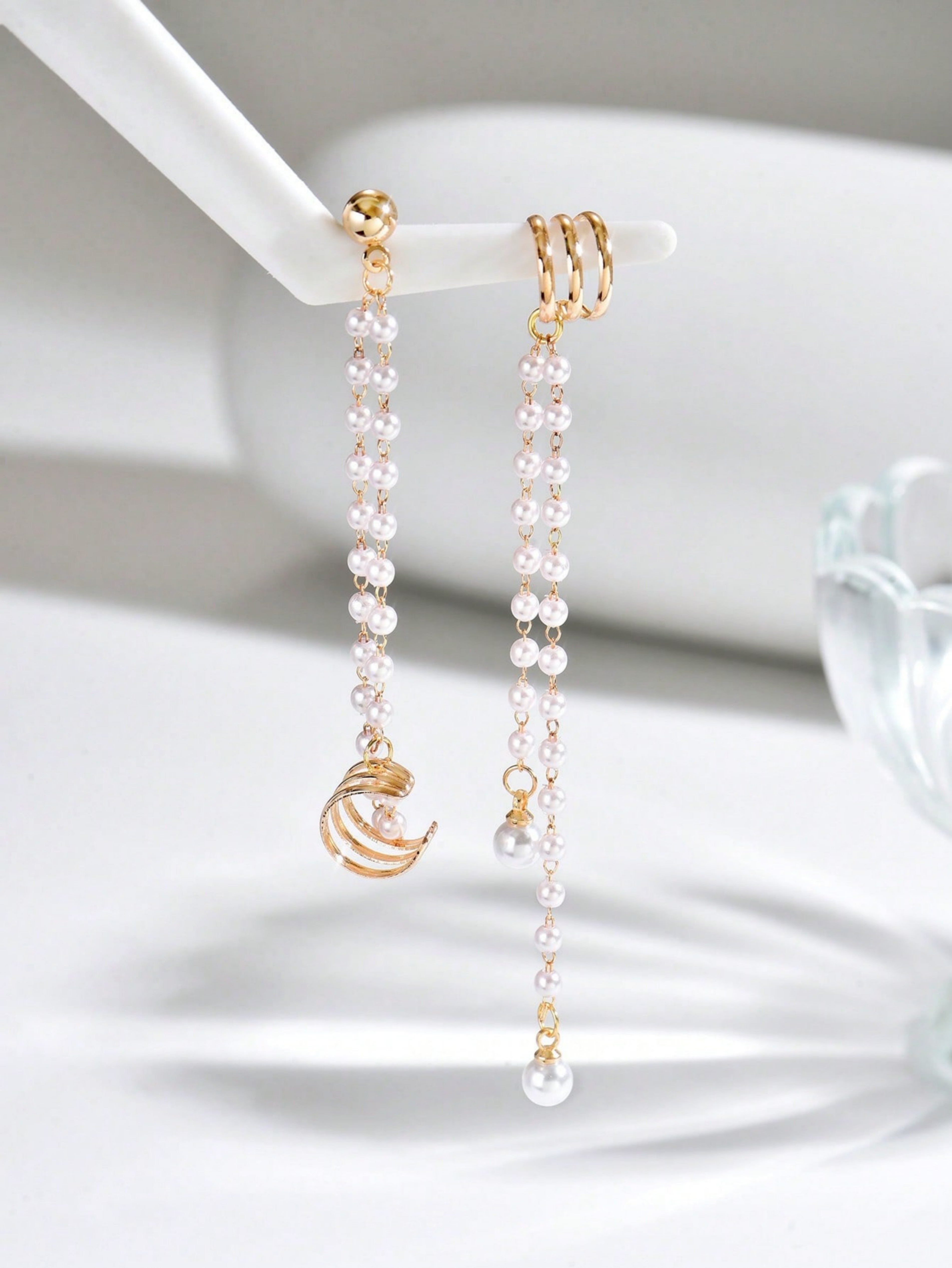 Golden Pearl Dangle Ear Cuff Chain Earrings
