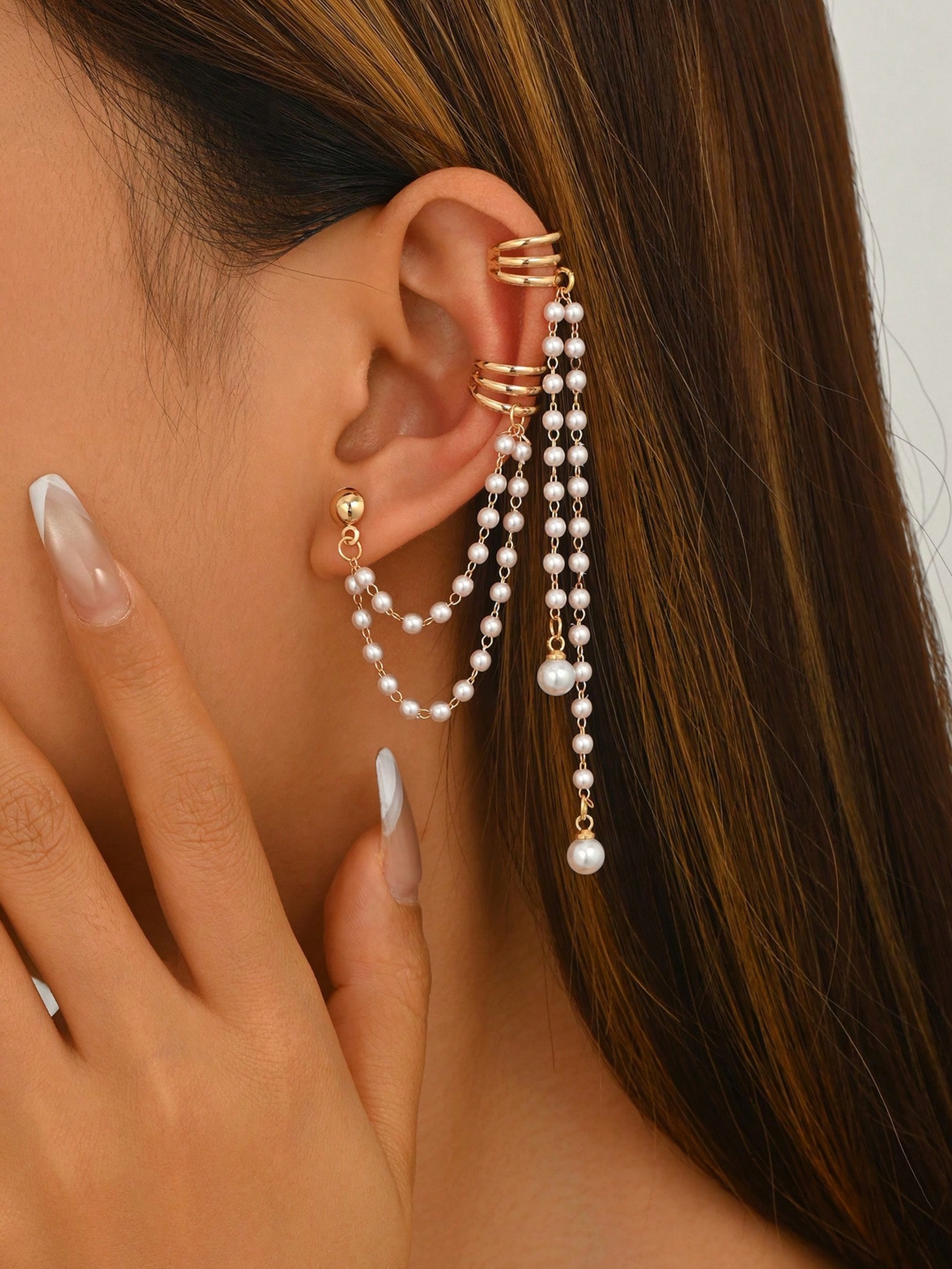 Golden Pearl Dangle Ear Cuff Chain Earrings