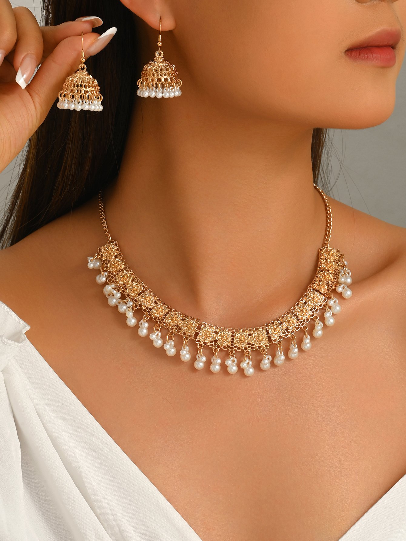 Gold Pearl Choker Necklace and Jhumka Earrings Set