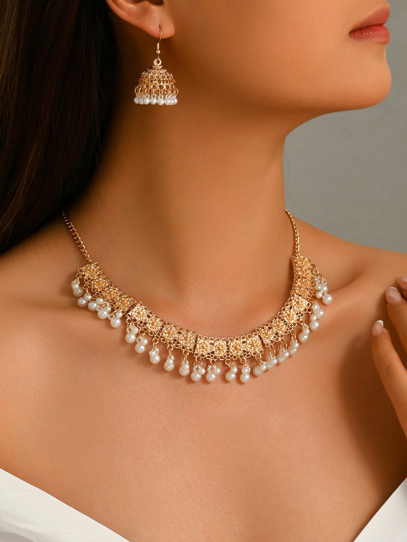 Gold Pearl Choker Necklace and Jhumka Earrings Set