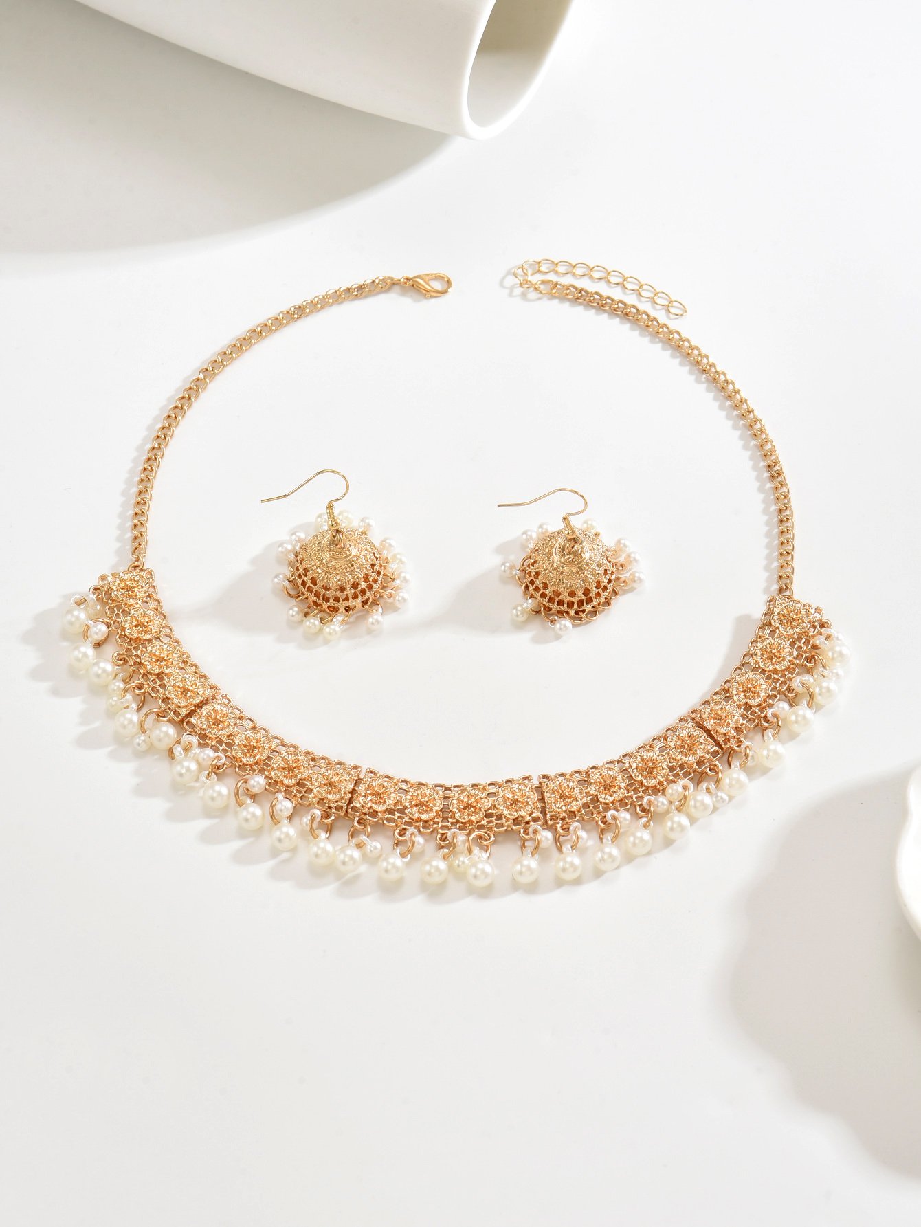Gold Pearl Choker Necklace and Jhumka Earrings Set