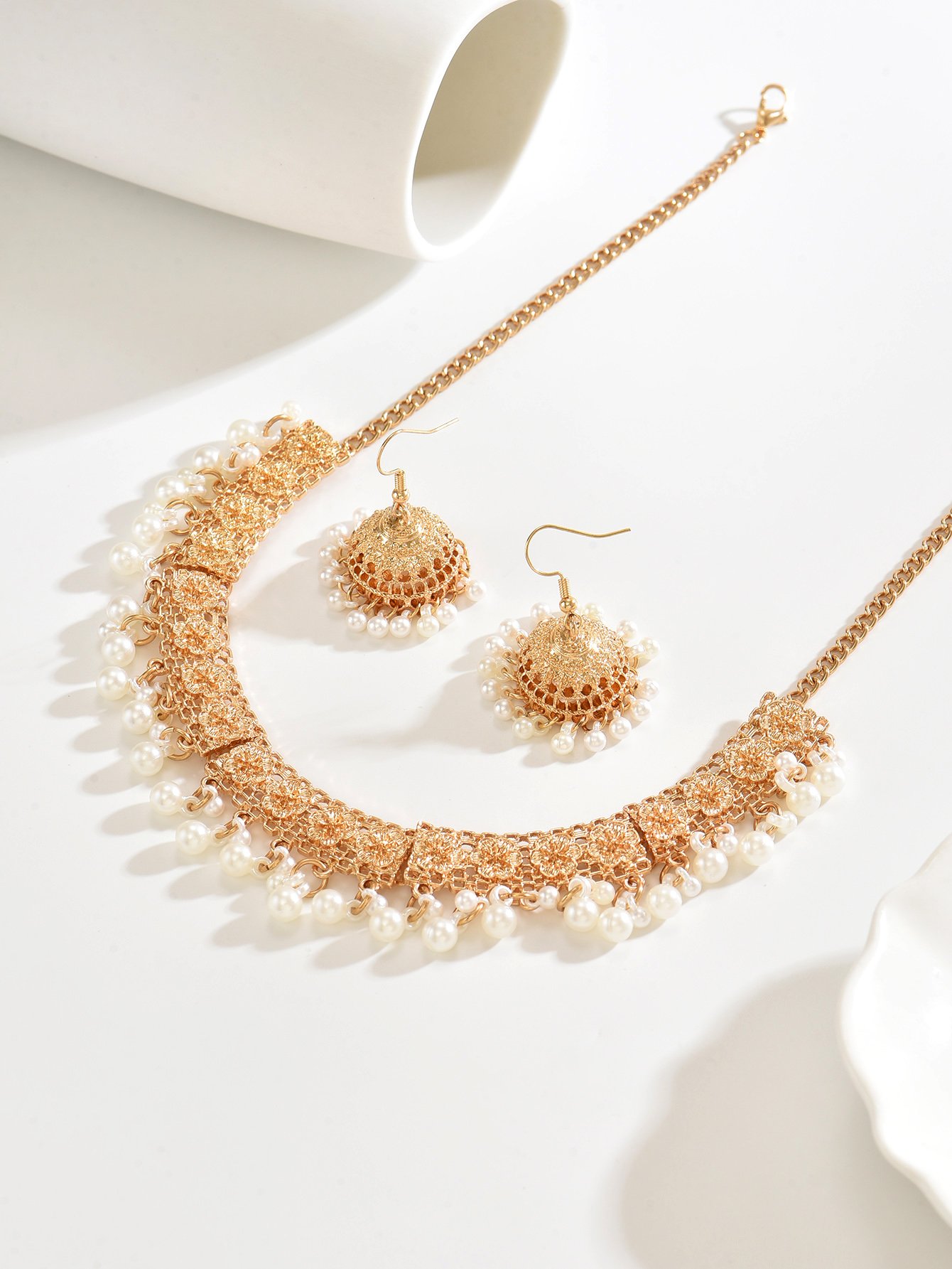 Gold Pearl Choker Necklace and Jhumka Earrings Set