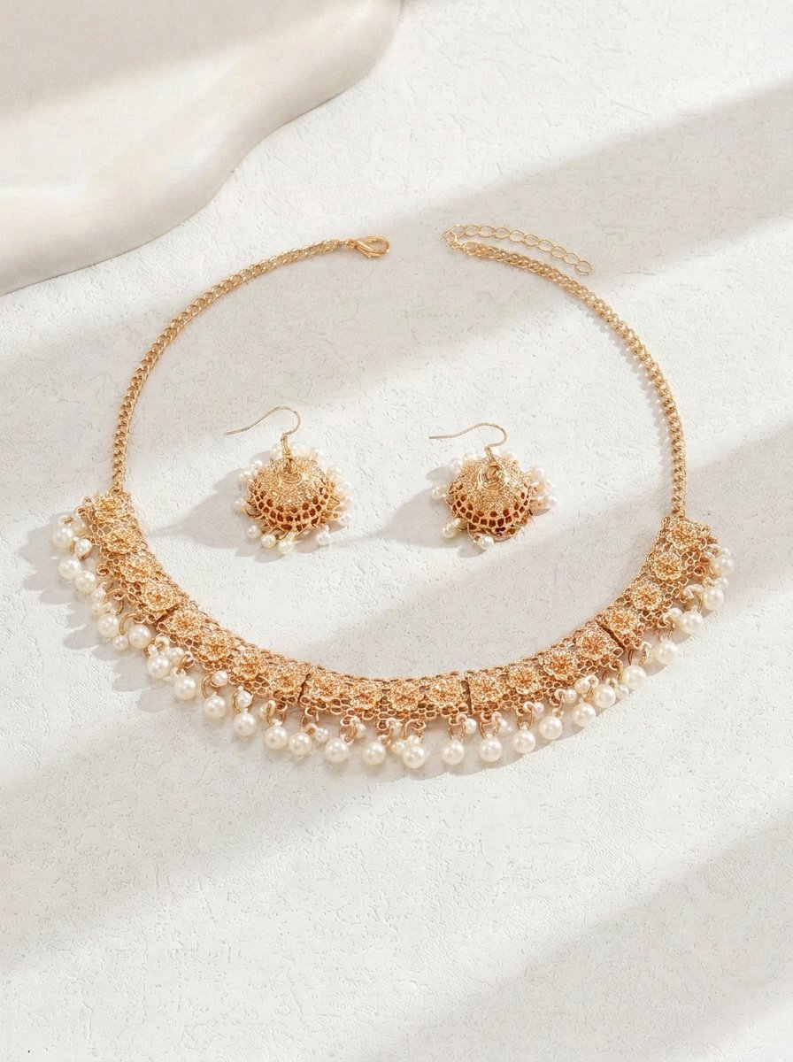 Gold Pearl Choker Necklace and Jhumka Earrings Set