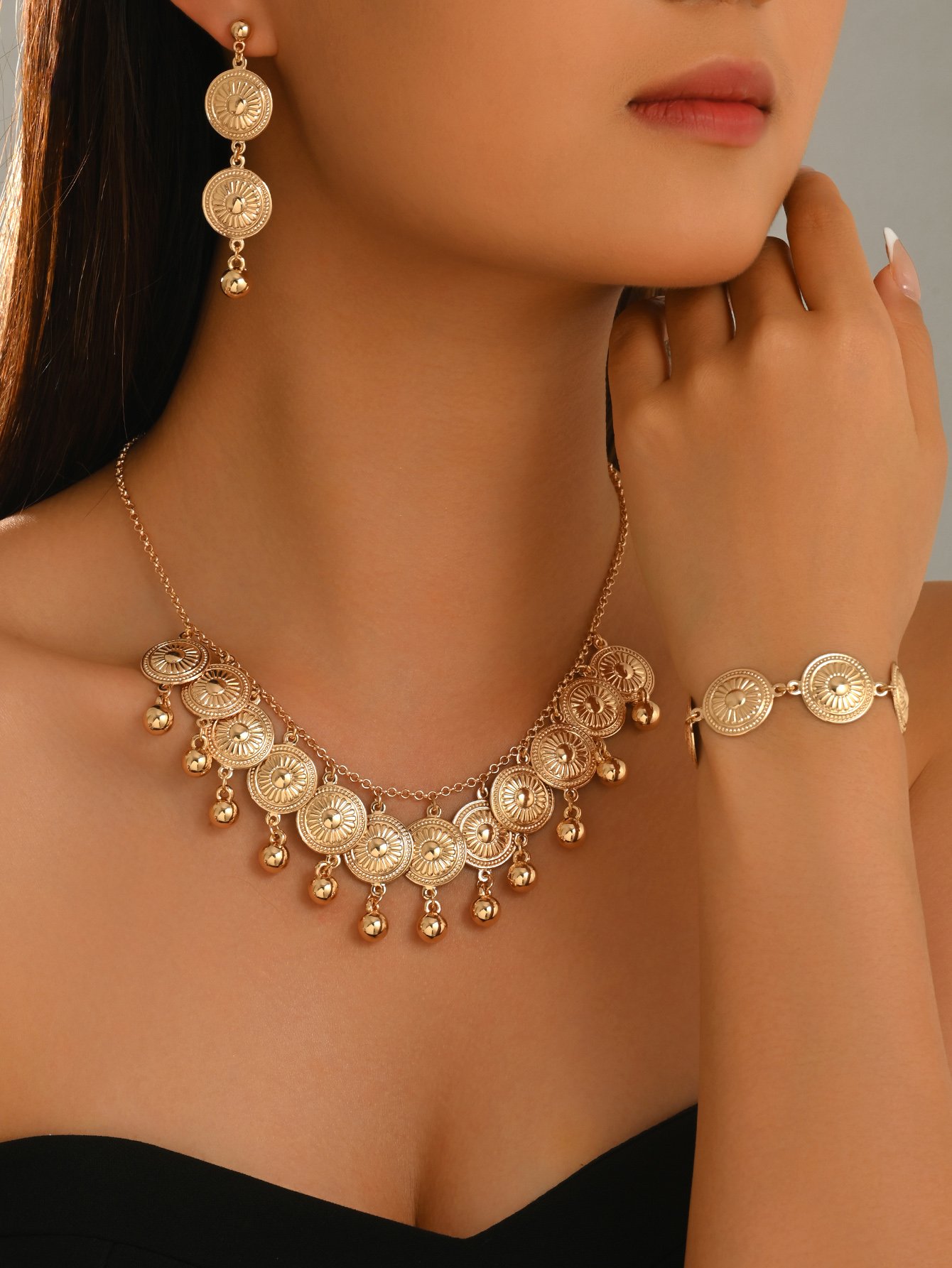 Gold Sun Disc Choker Necklace and Earring Bracelet Set - 3 Pcs