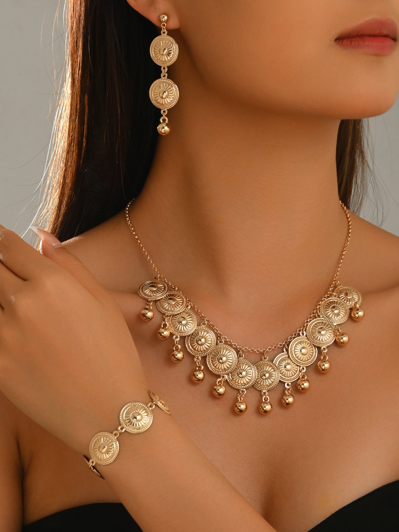 Gold Sun Disc Choker Necklace and Earring Bracelet Set - 3 Pcs