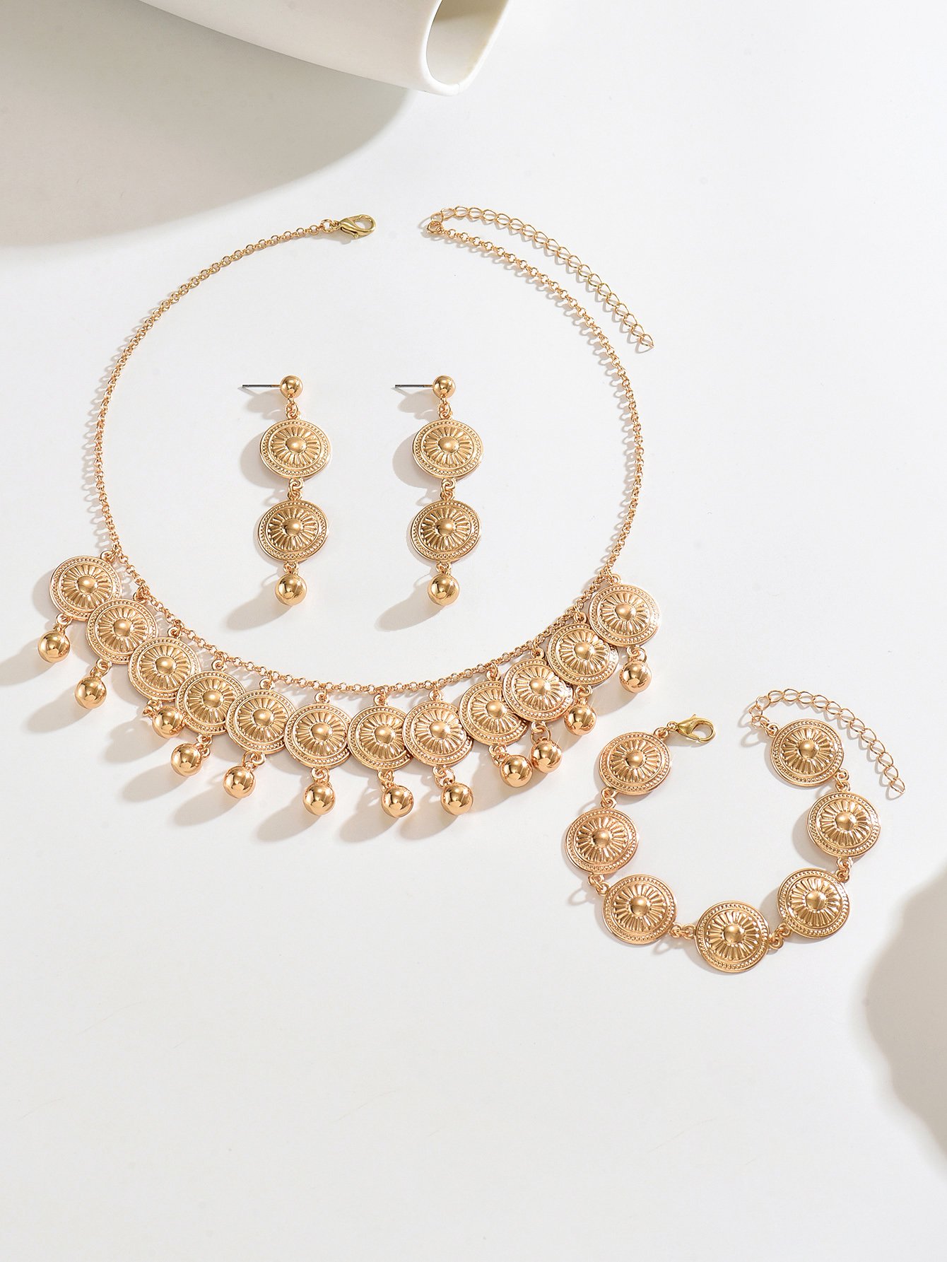 Gold Sun Disc Choker Necklace and Earring Bracelet Set - 3 Pcs