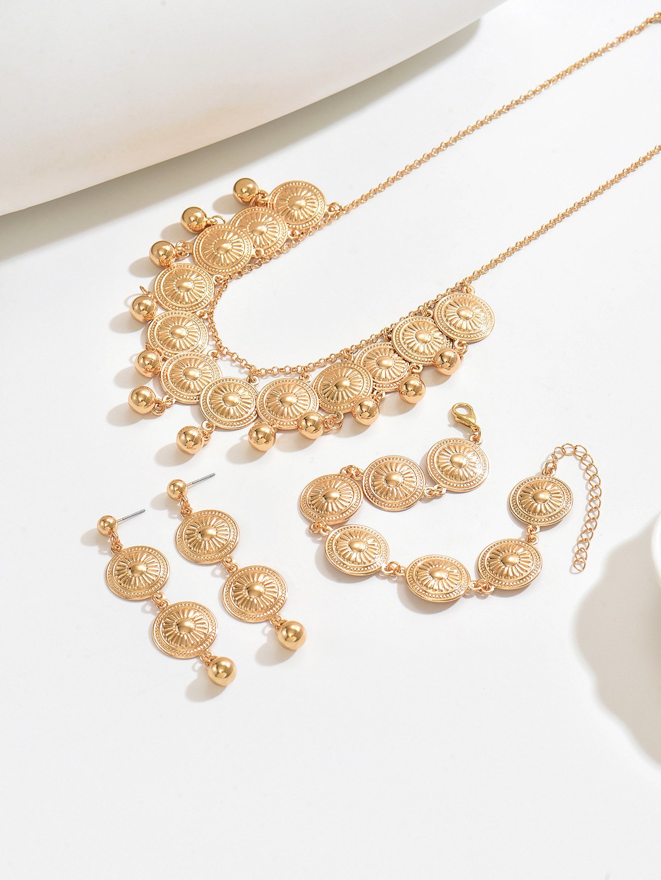 Gold Sun Disc Choker Necklace and Earring Bracelet Set - 3 Pcs