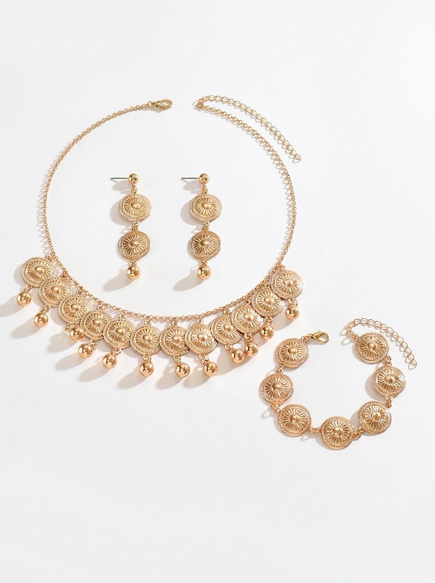 Gold Sun Disc Choker Necklace and Earring Bracelet Set - 3 Pcs