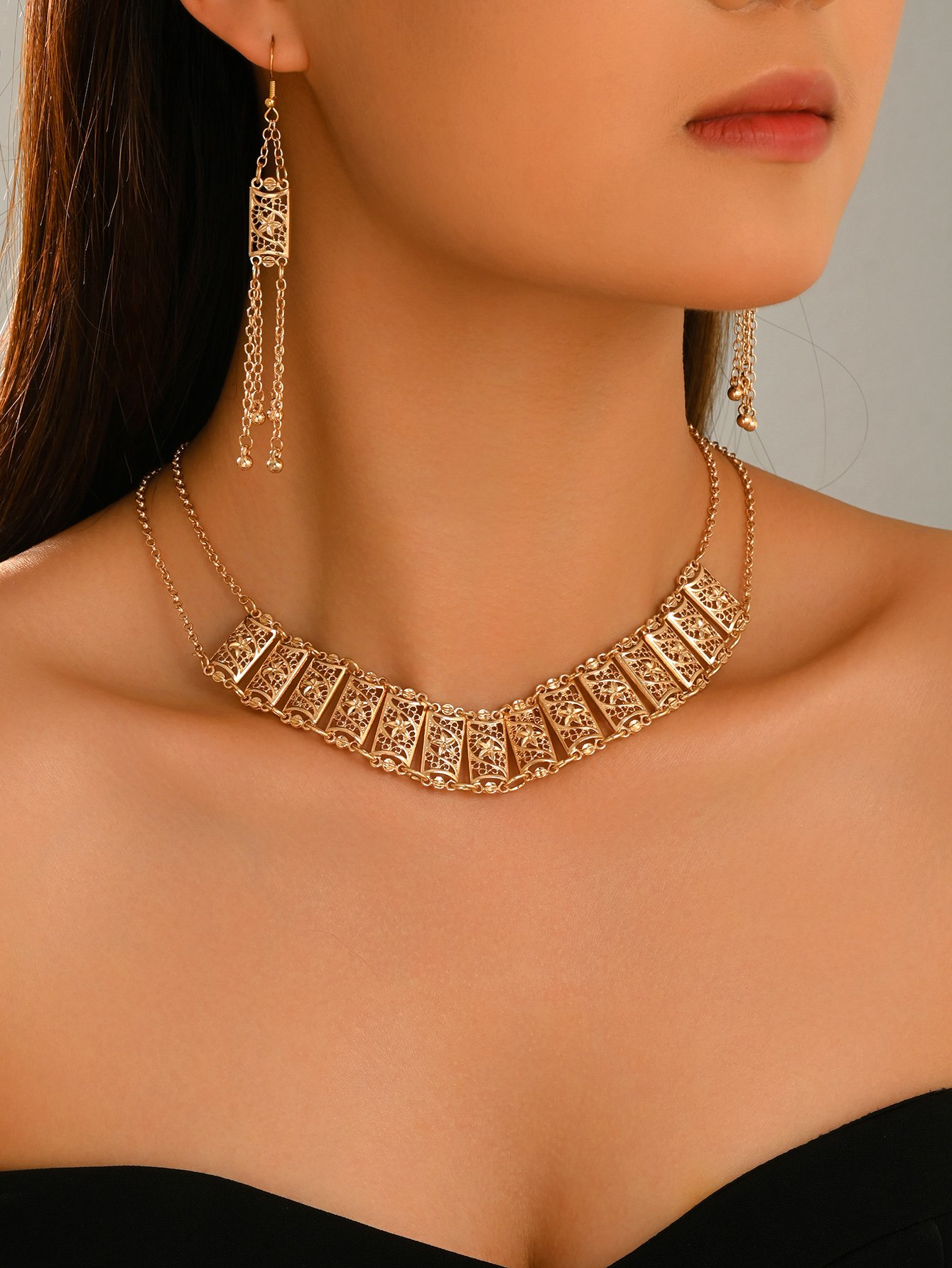 Golden Filigree Bib Necklace and Tassel Earrings Set