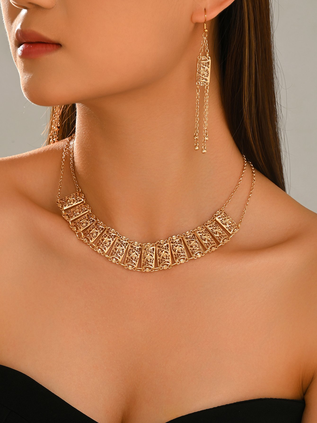 Golden Filigree Bib Necklace and Tassel Earrings Set