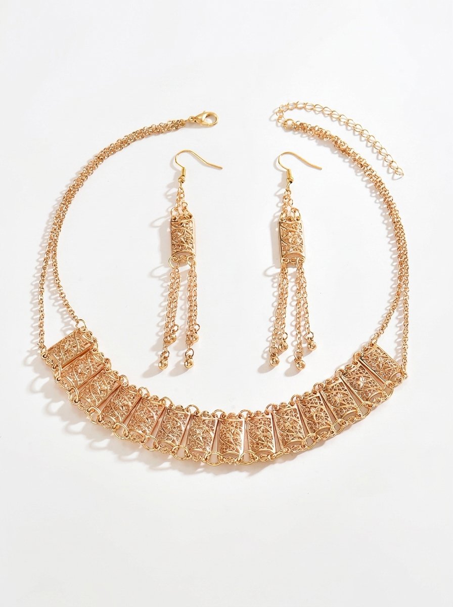 Golden Filigree Bib Necklace and Tassel Earrings Set