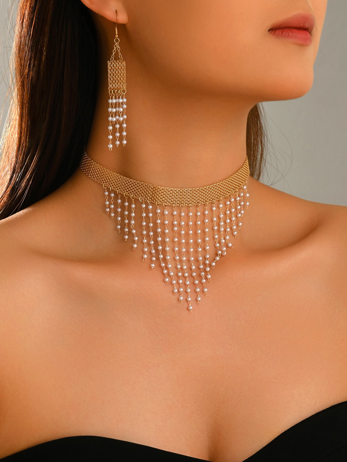 Gold Pearl Choker Necklace and Tassel Earrings Set