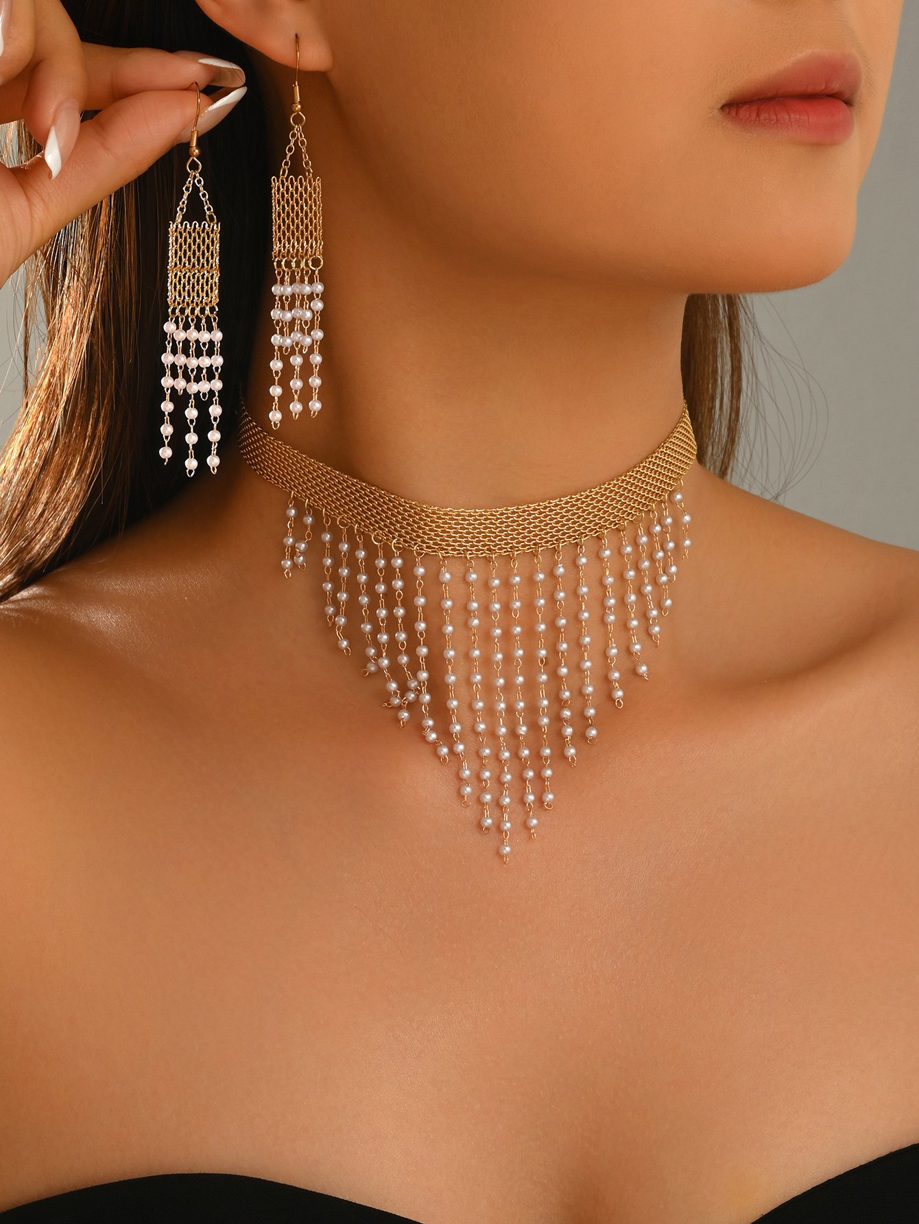 Gold Pearl Choker Necklace and Tassel Earrings Set