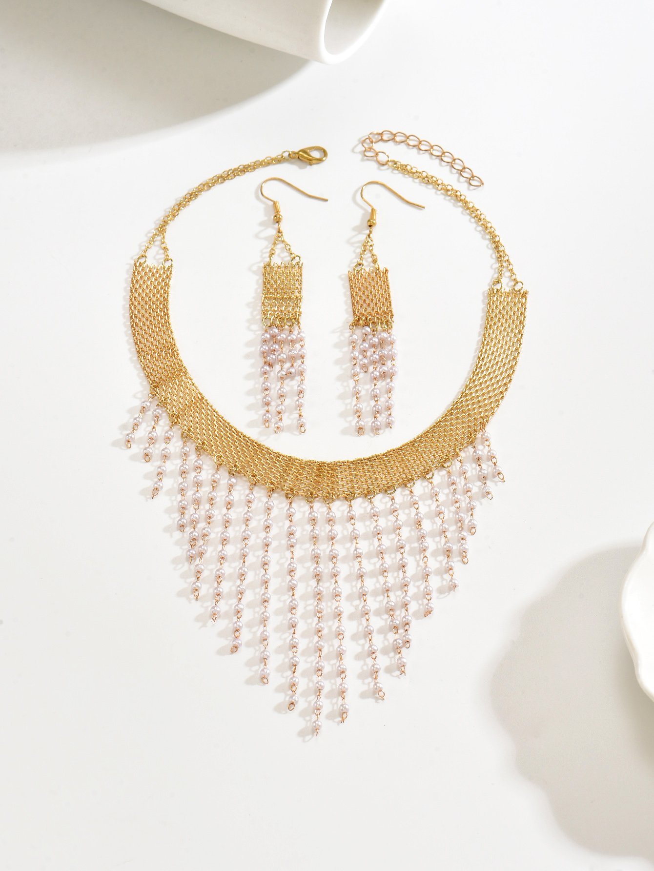 Gold Pearl Choker Necklace and Tassel Earrings Set