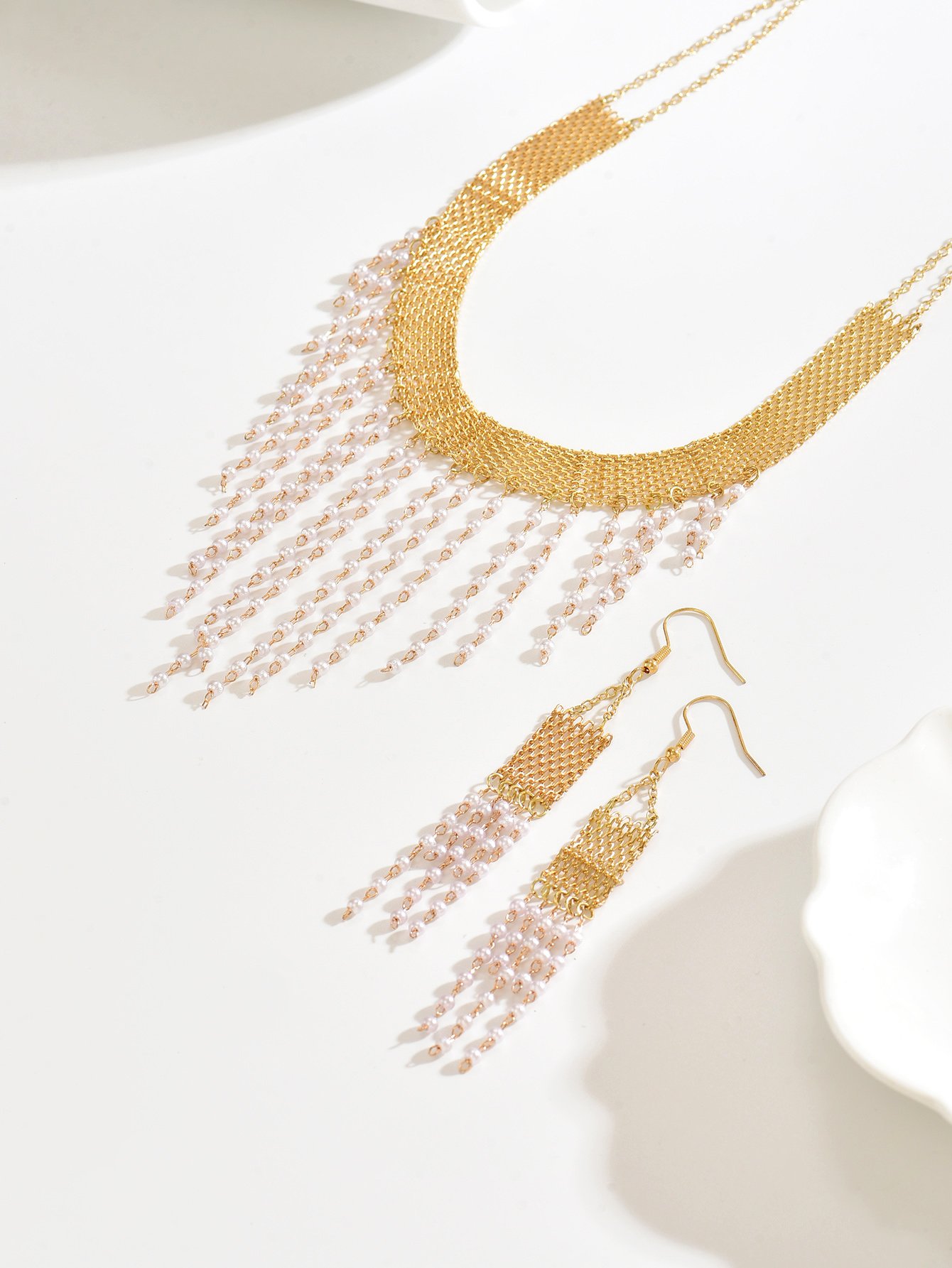 Gold Pearl Choker Necklace and Tassel Earrings Set