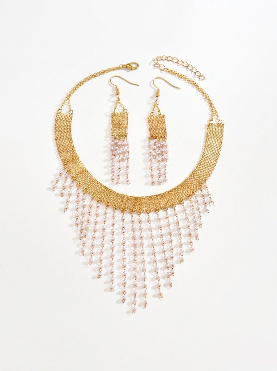 Gold Pearl Choker Necklace and Tassel Earrings Set
