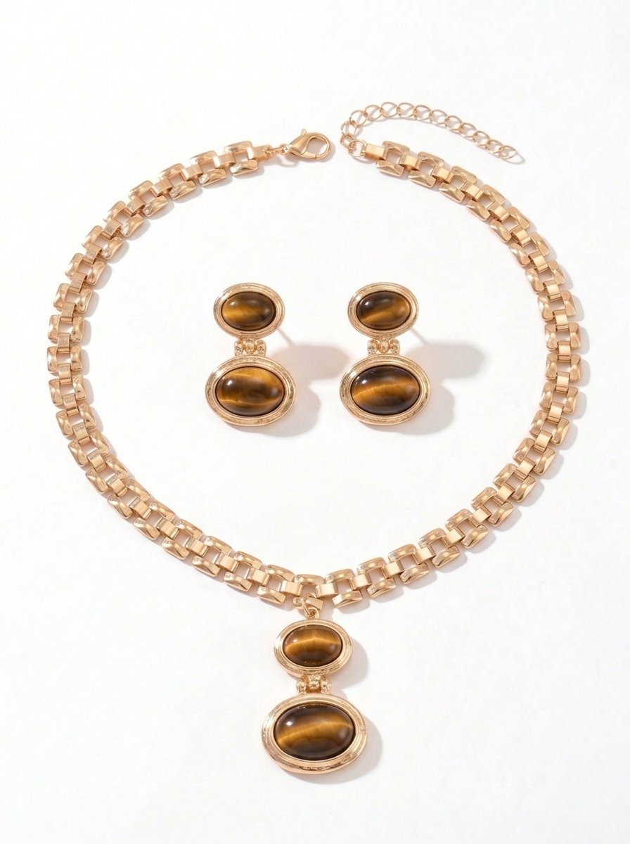 Gold Chunky Chain Pendant Necklace and Oval Amber Drop Earrings Set