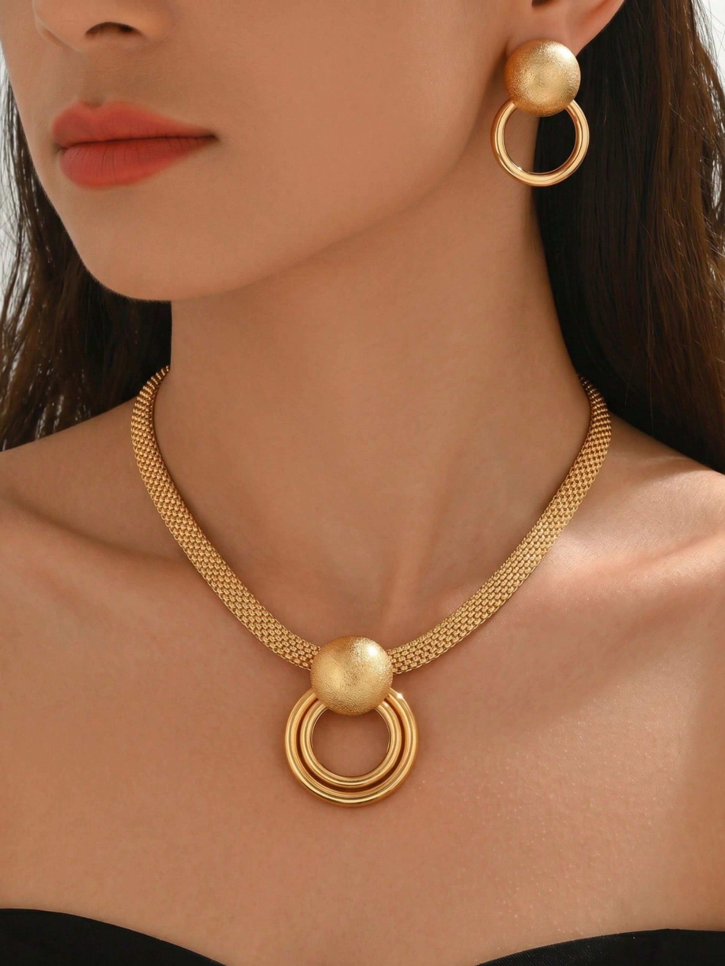 Golden Geometric Circle Pendant Necklace and Earrings Set