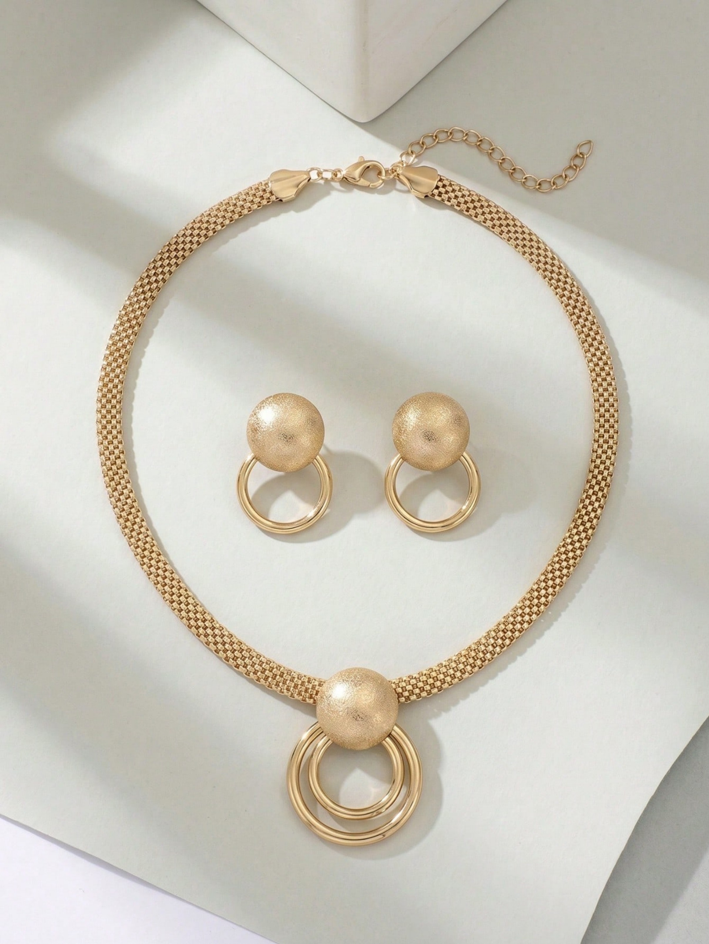 Golden Geometric Circle Pendant Necklace and Earrings Set