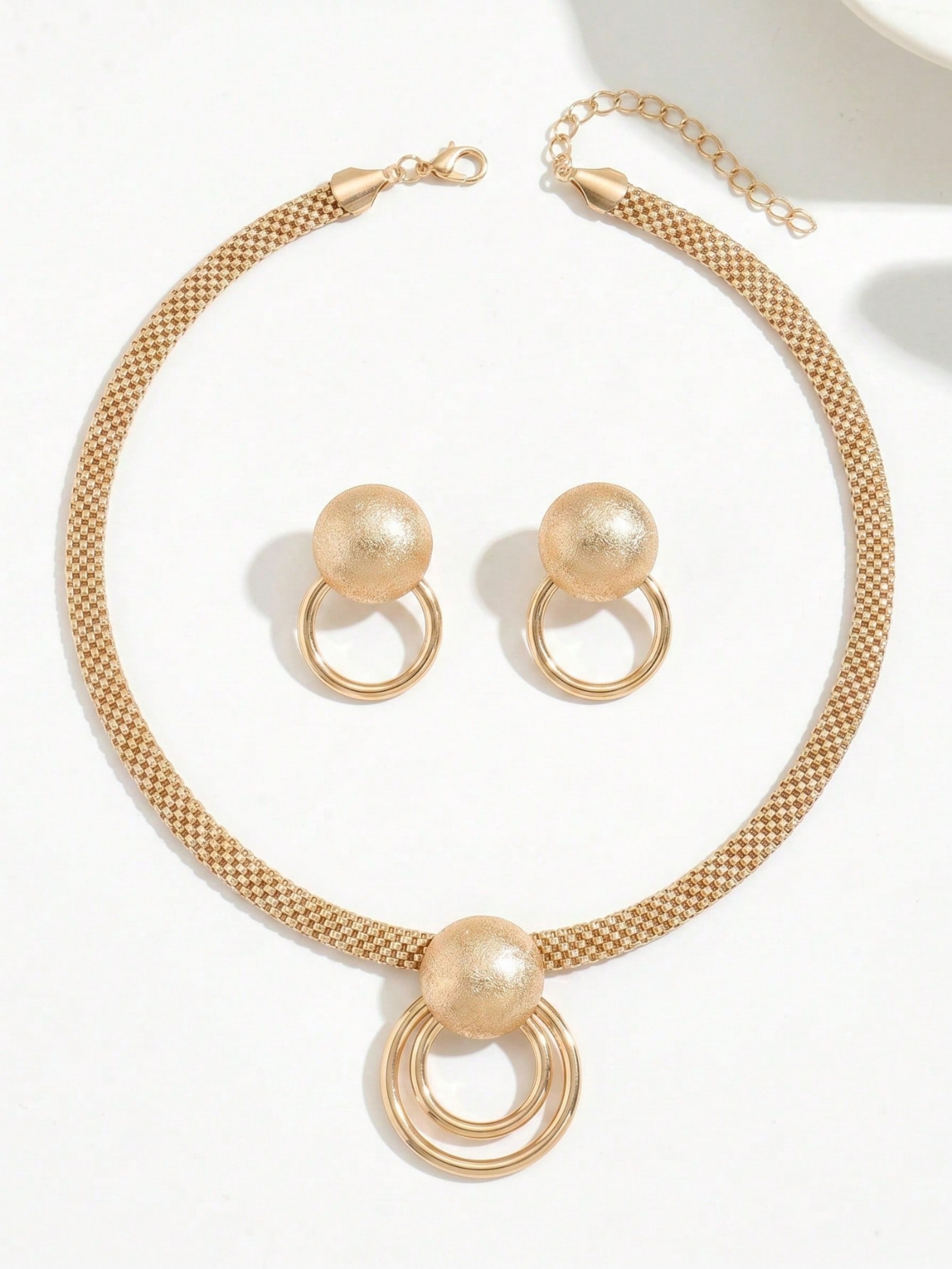 Golden Geometric Circle Pendant Necklace and Earrings Set