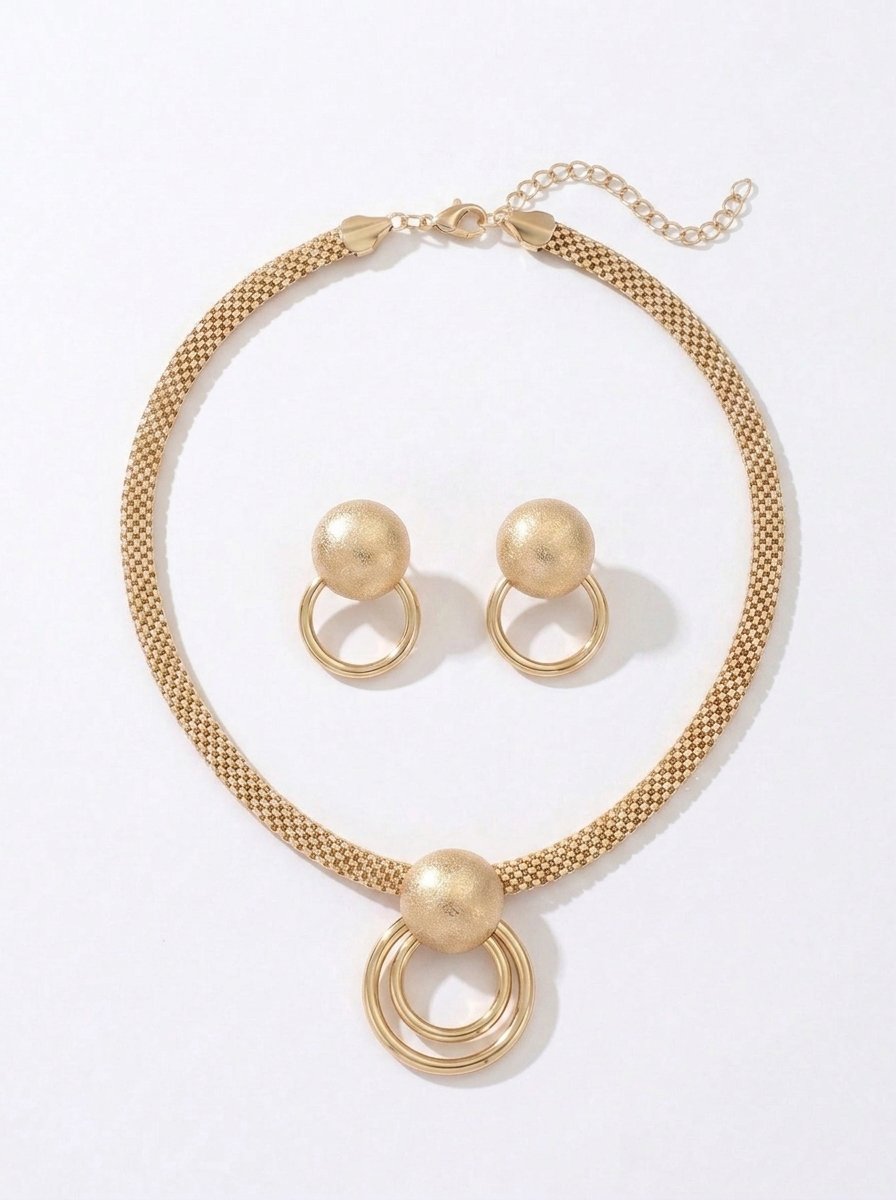 Golden Geometric Circle Pendant Necklace and Earrings Set