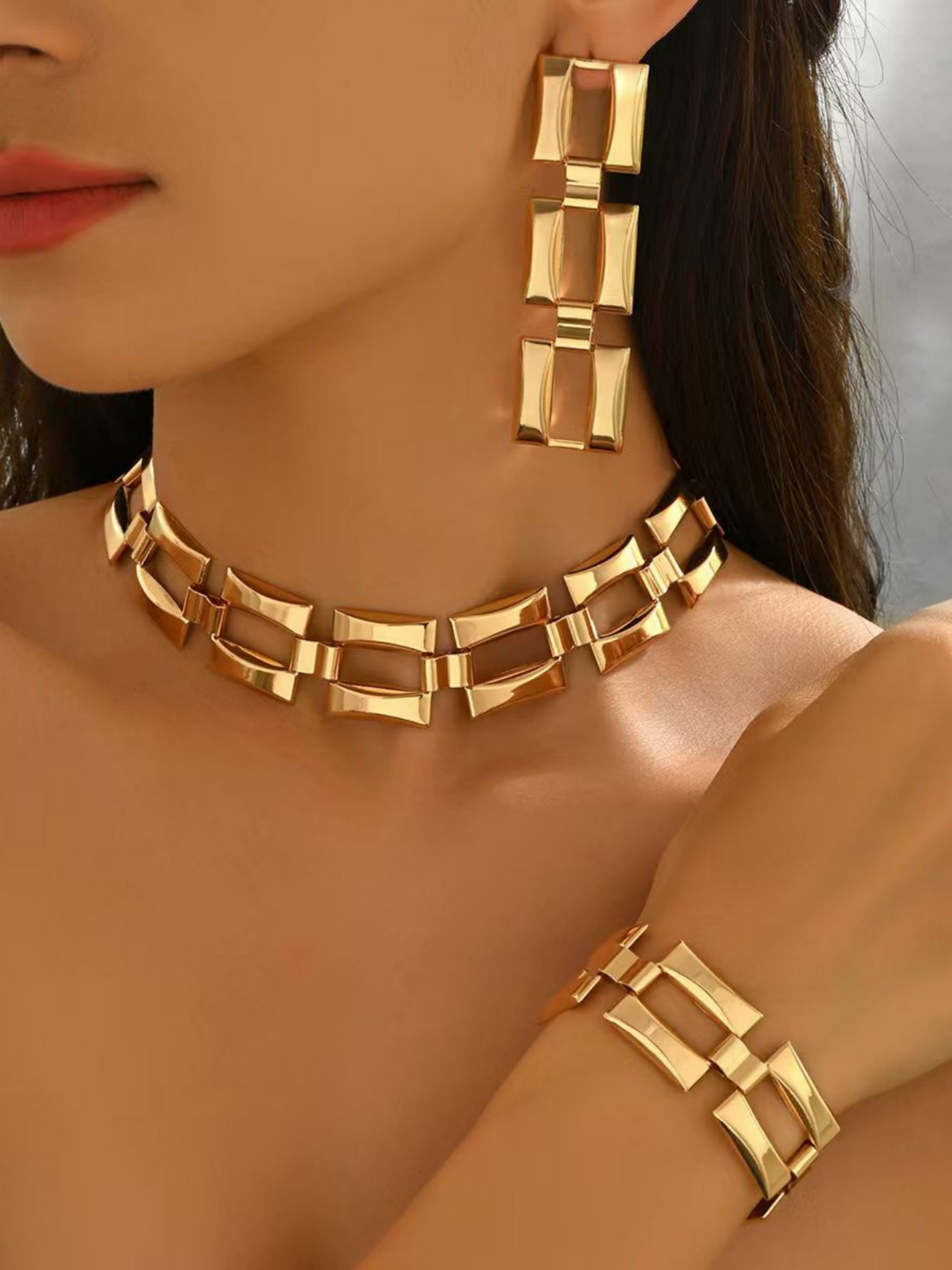Gold Geometric Jewelry Set with Choker, Drop Earrings and Bracelet