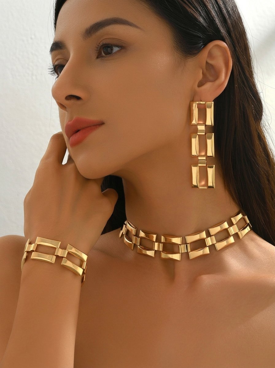 Gold Geometric Jewelry Set with Choker, Drop Earrings and Bracelet