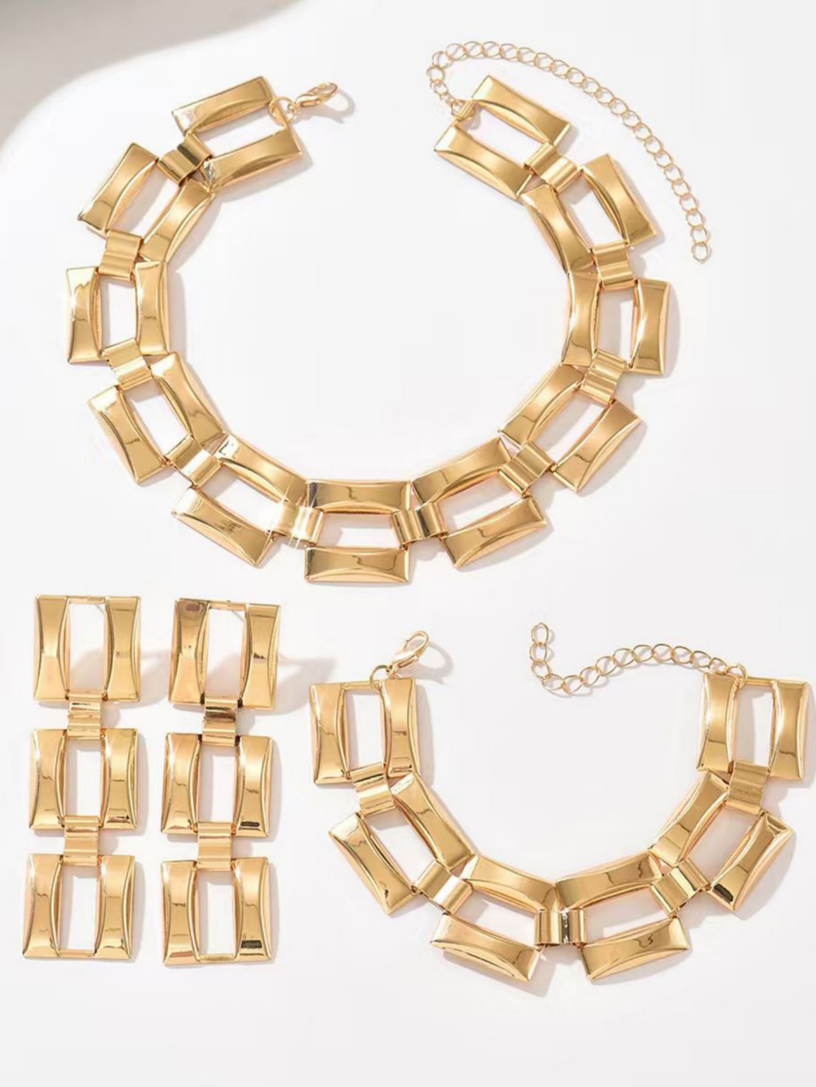 Gold Geometric Jewelry Set with Choker, Drop Earrings and Bracelet