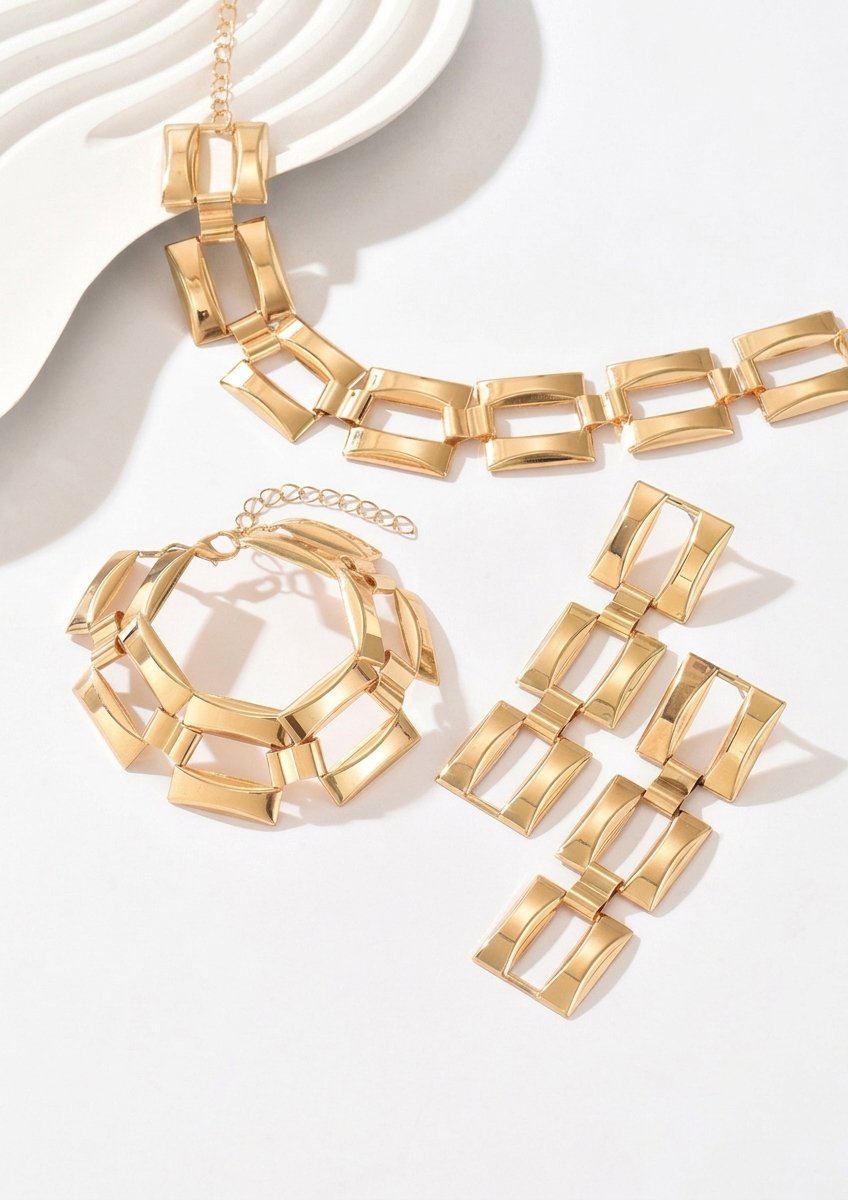 Gold Geometric Jewelry Set with Choker, Drop Earrings and Bracelet