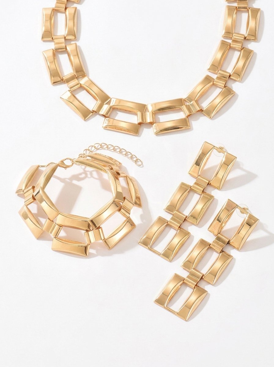 Gold Geometric Jewelry Set with Choker, Drop Earrings and Bracelet