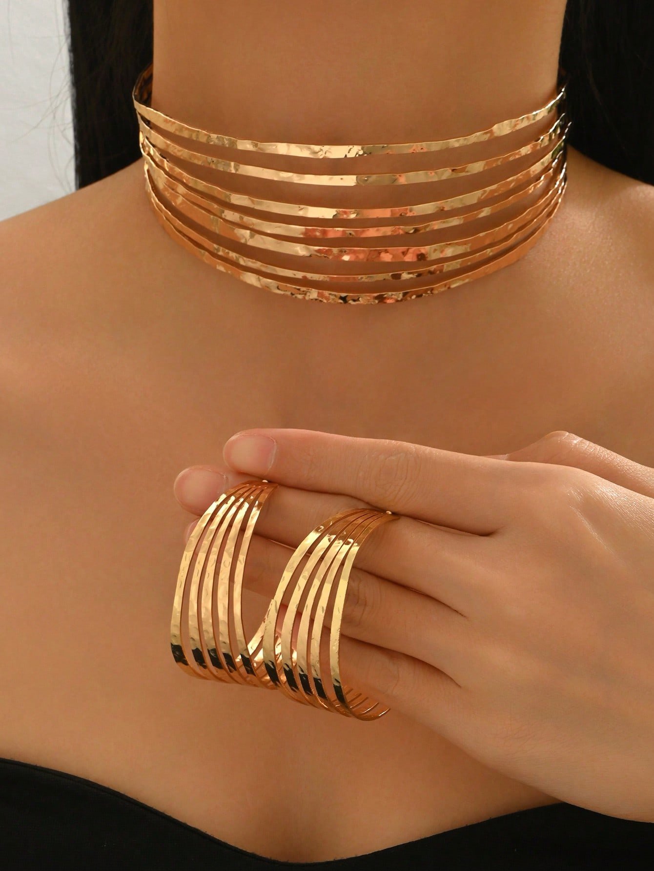 Golden Hammered Choker and Hoop Earring Set