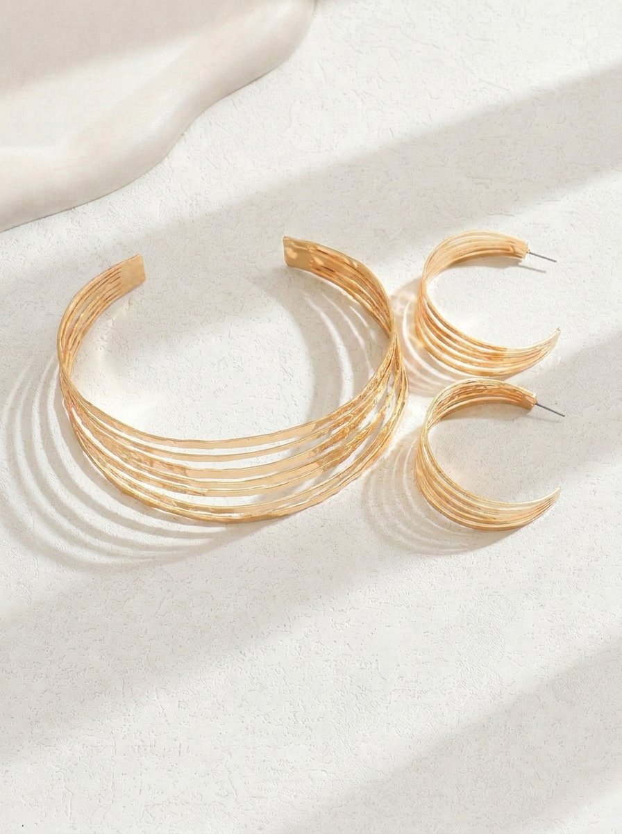 Golden Hammered Choker and Hoop Earring Set