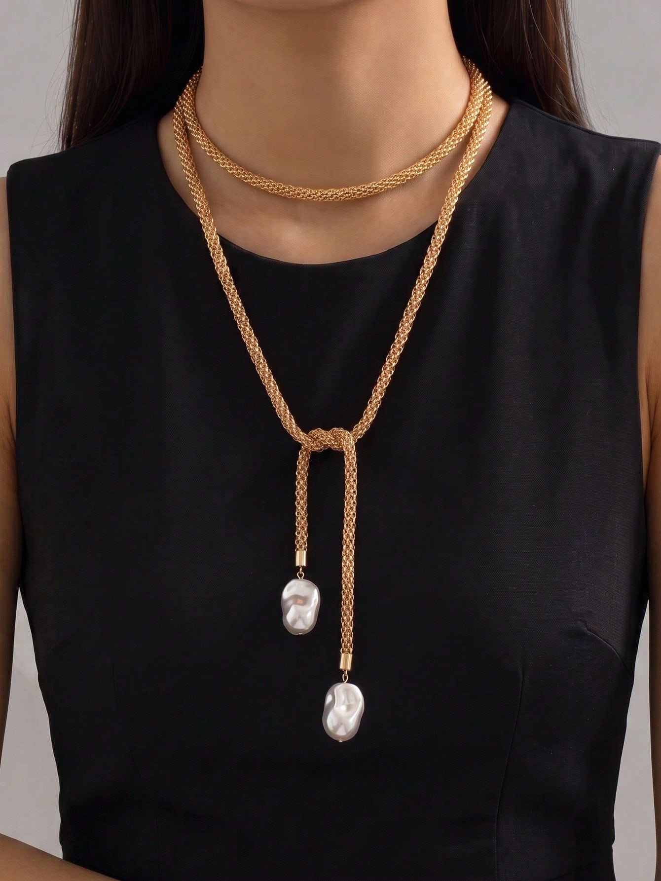 Gold Layered Necklace with Faux Pearl Pendants