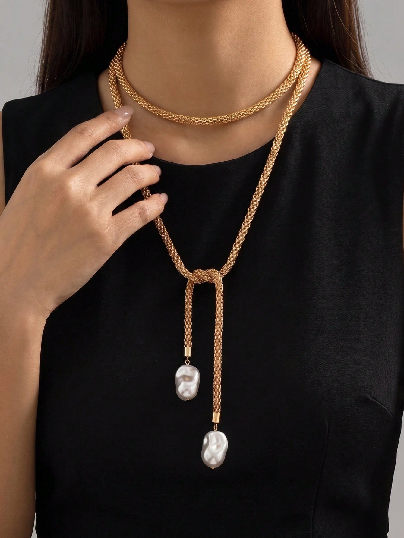 Gold Layered Necklace with Faux Pearl Pendants