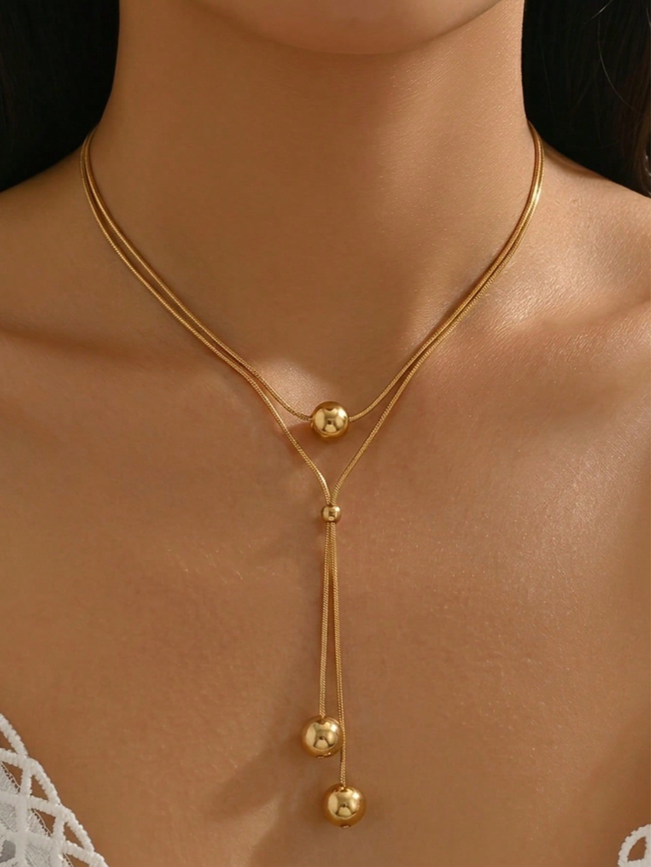 Gold Y-Shaped Lariat Necklace with Ball Pendants